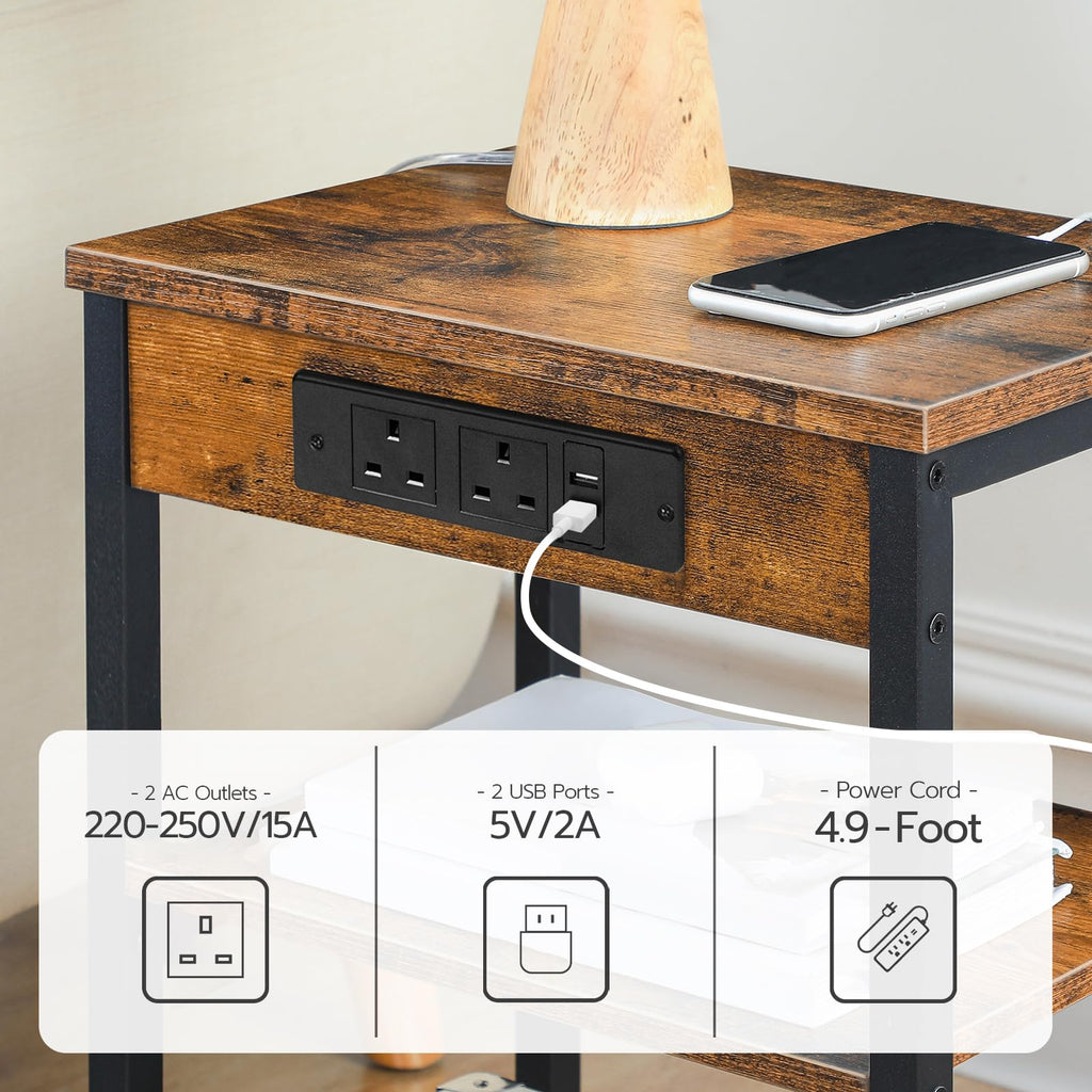 HOOBRO Narrow Side Table with Charging Station | 3-Tier Rustic Bedside Table
