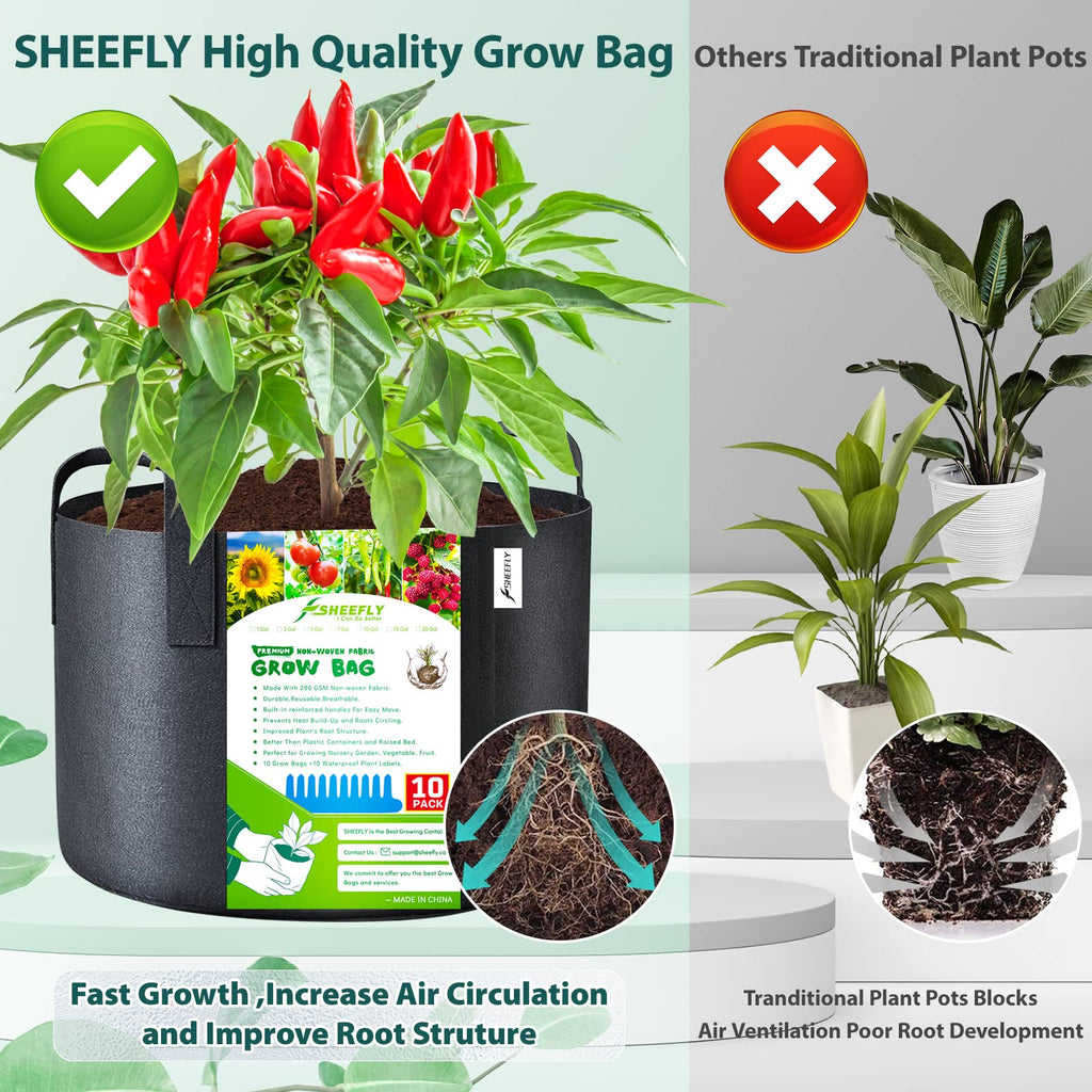 SHEEFLY 15 Gallon Grow Bags - 10 Pack Non-Woven Fabric Pots with Handles