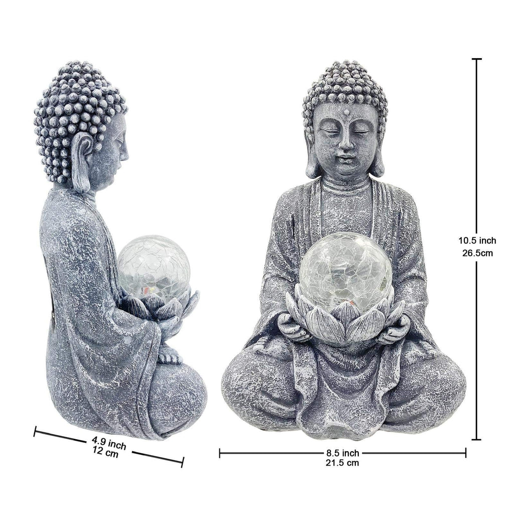 Goodeco Solar Zen Buddha Statue | Grey Polyresin Garden Decor with LED Ball