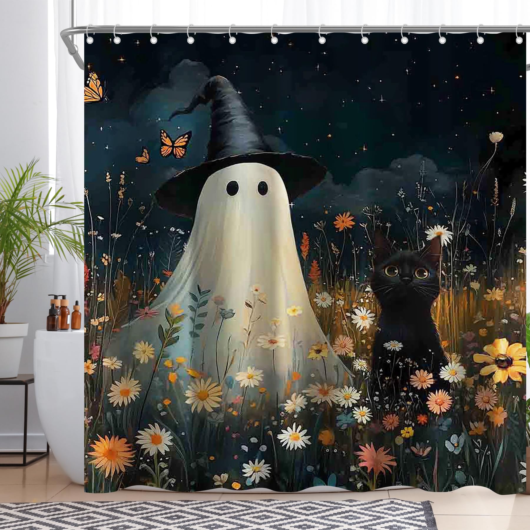 Luminora Halloween Ghost & Black Cat Shower Curtain – 72x72 Waterproof