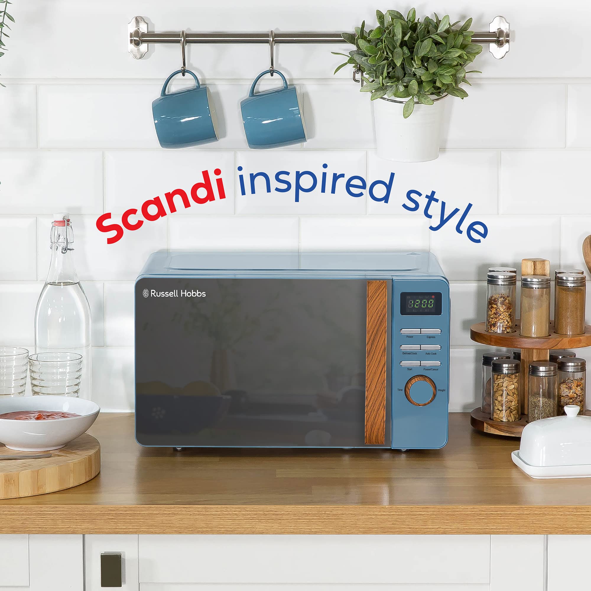 Russell Hobbs Scandi Digital Microwave – 17L 700W Blue with Wood Effect