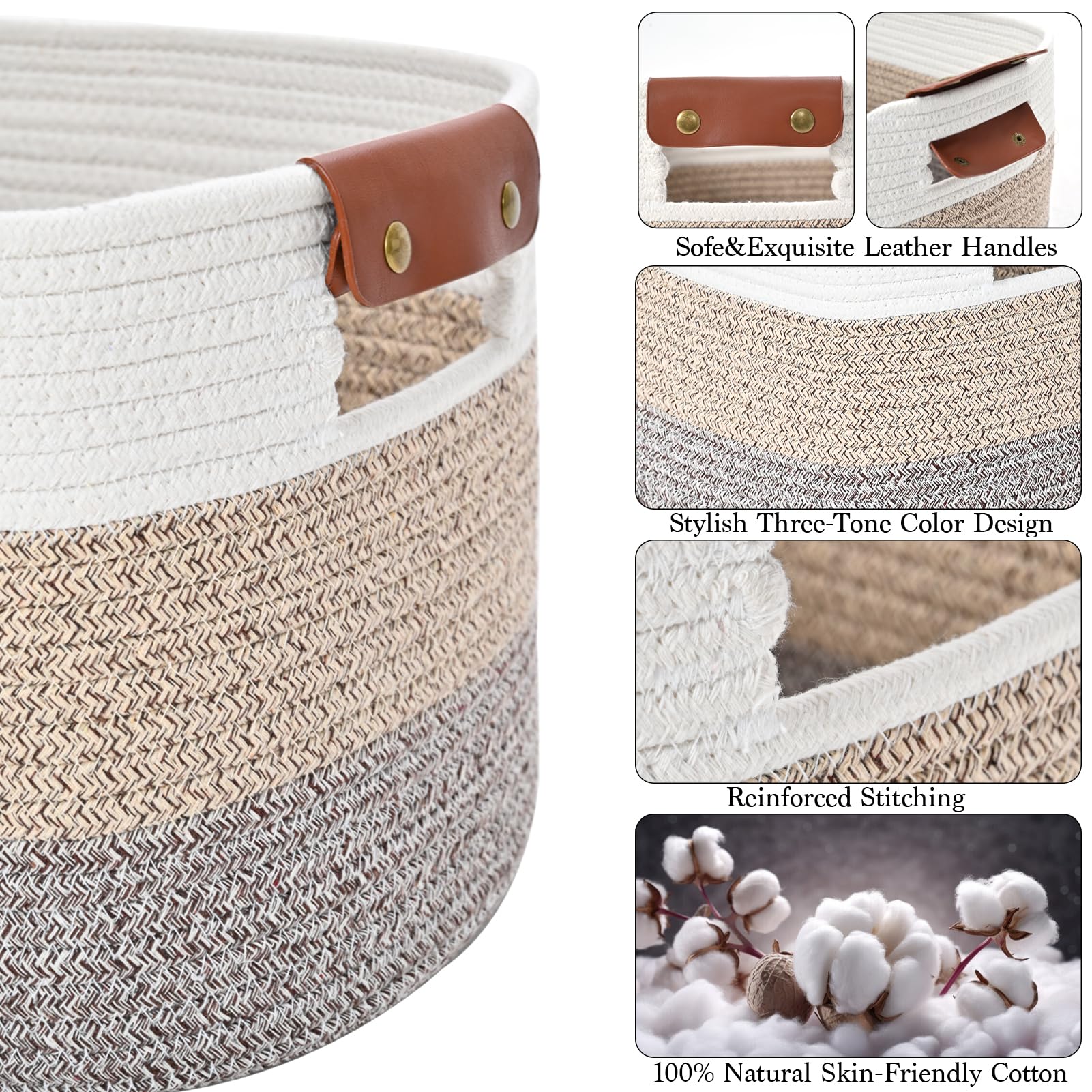 Cotton Rope Storage Baskets with Leather Handles, 3-Pack