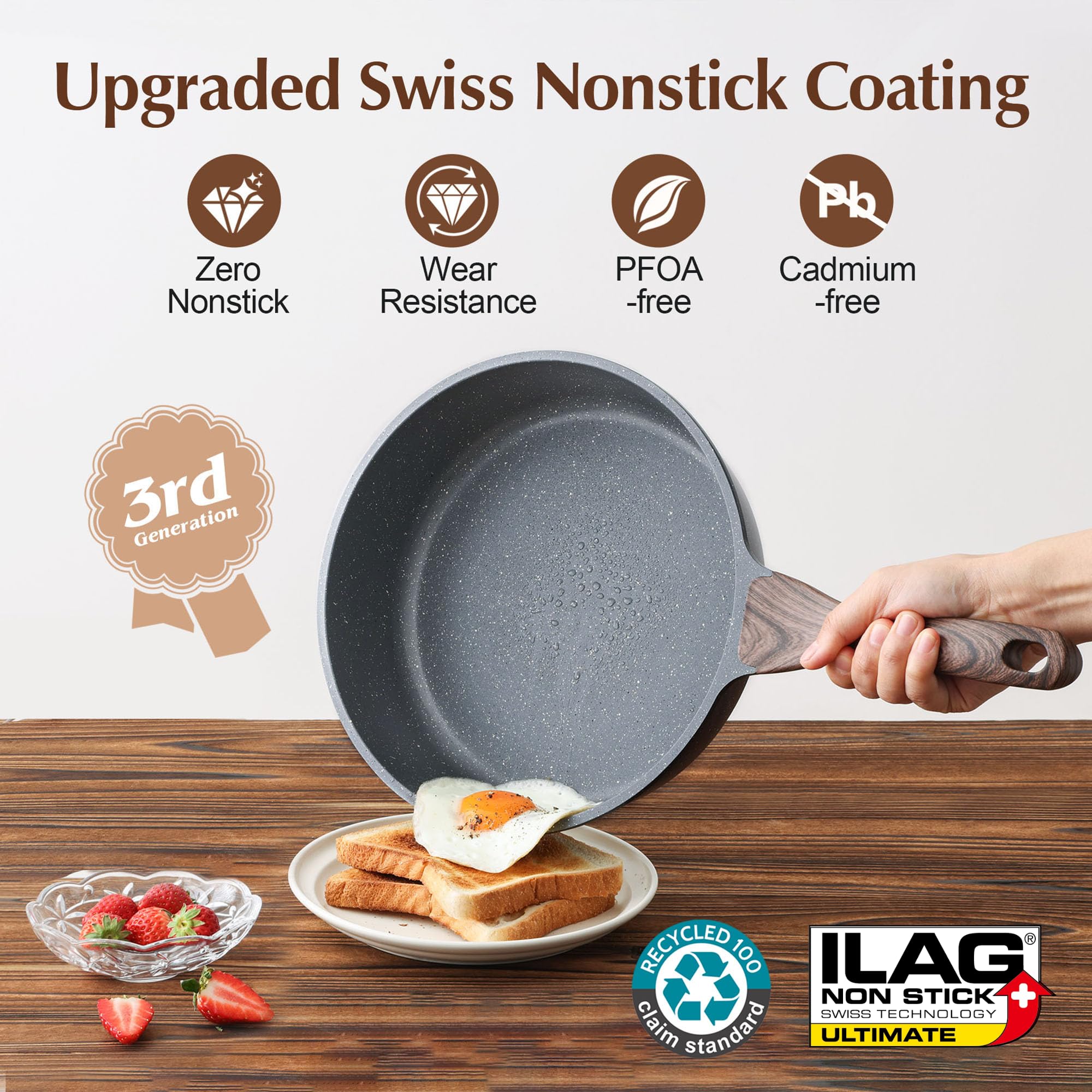 Sensarte Nonstick Deep Frying Pan with Lid | 26cm Granite Chef Skillet