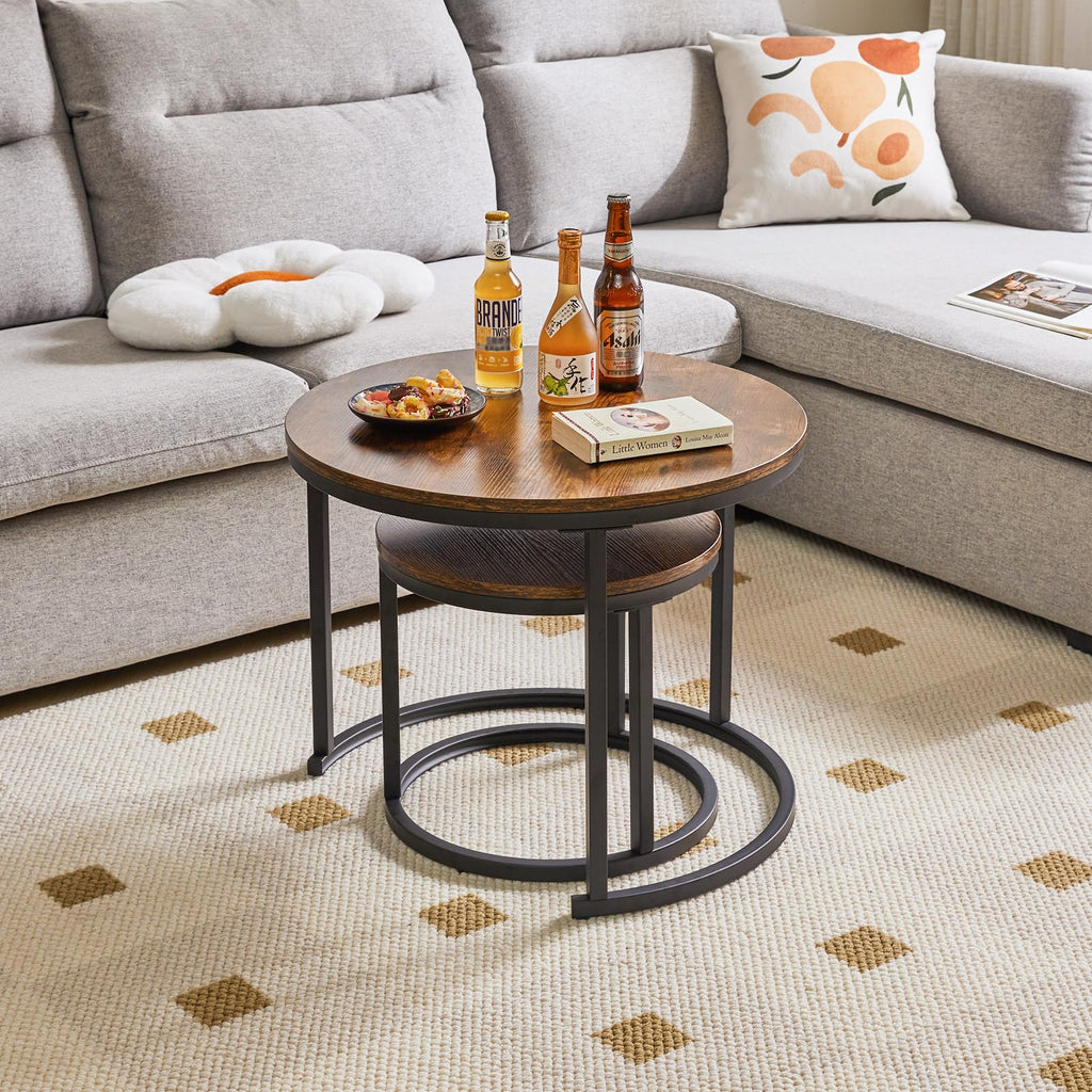 IBUYKE Round Nesting Coffee Table Set of 2 – Rustic Brown Wood & Metal