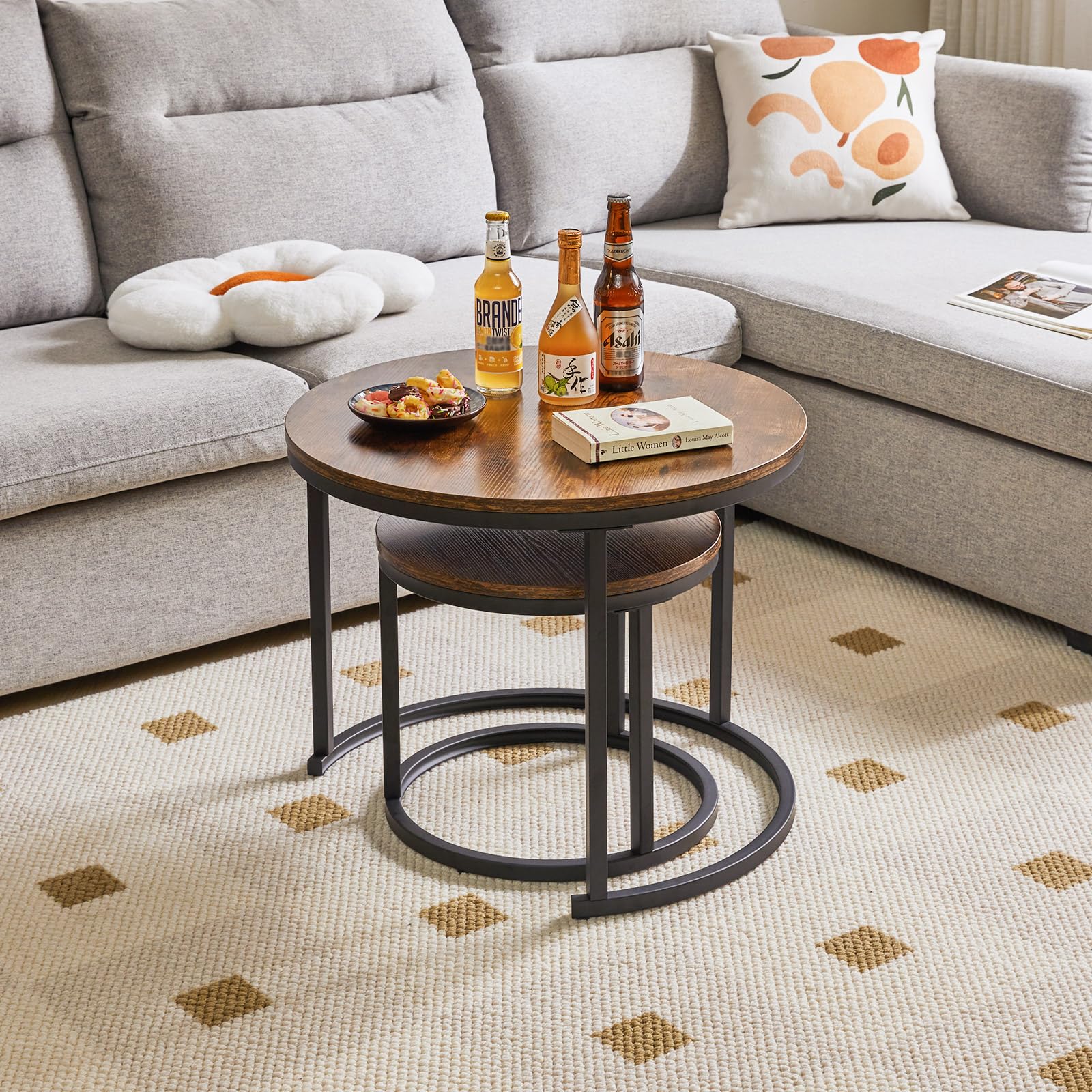 IBUYKE Round Nesting Coffee Table Set of 2 – Rustic Brown Wood & Metal