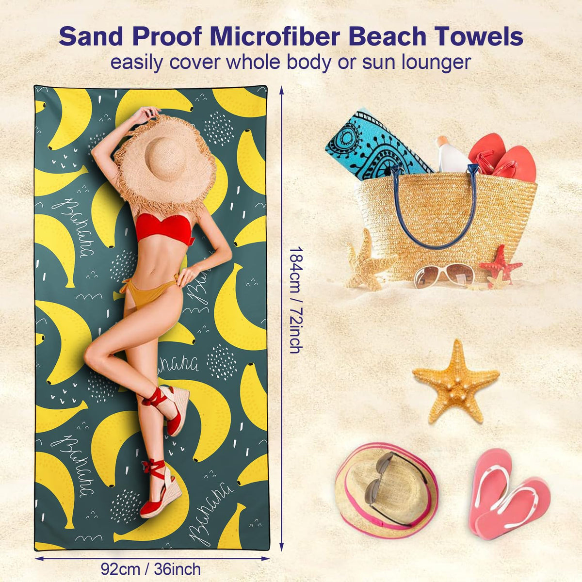Violetpos Banana Doodle Beach Towel, Extra Large 180x90 cm 250GSM Microfibre, Sand Free Quick Dry - image 5