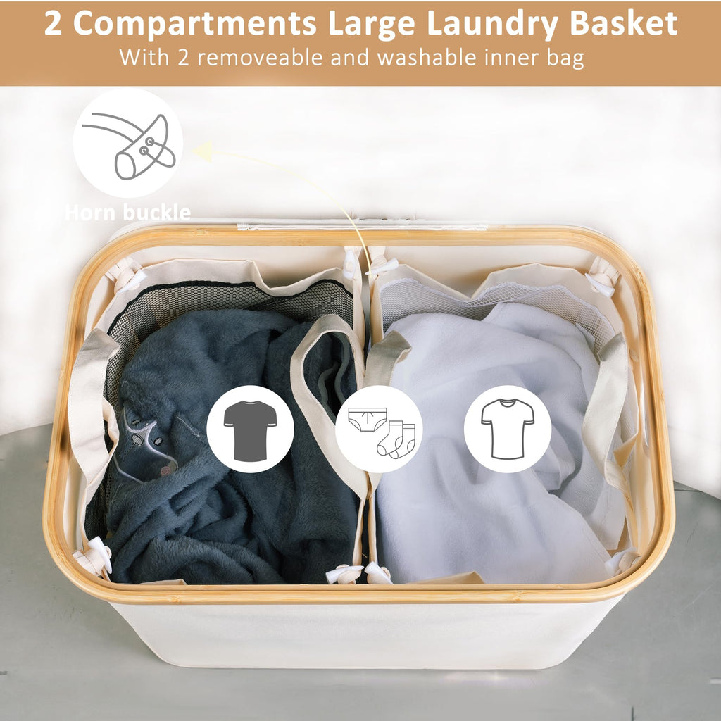 iEGrow 150L Double Laundry Basket with Lid and Bamboo Handles – Beige