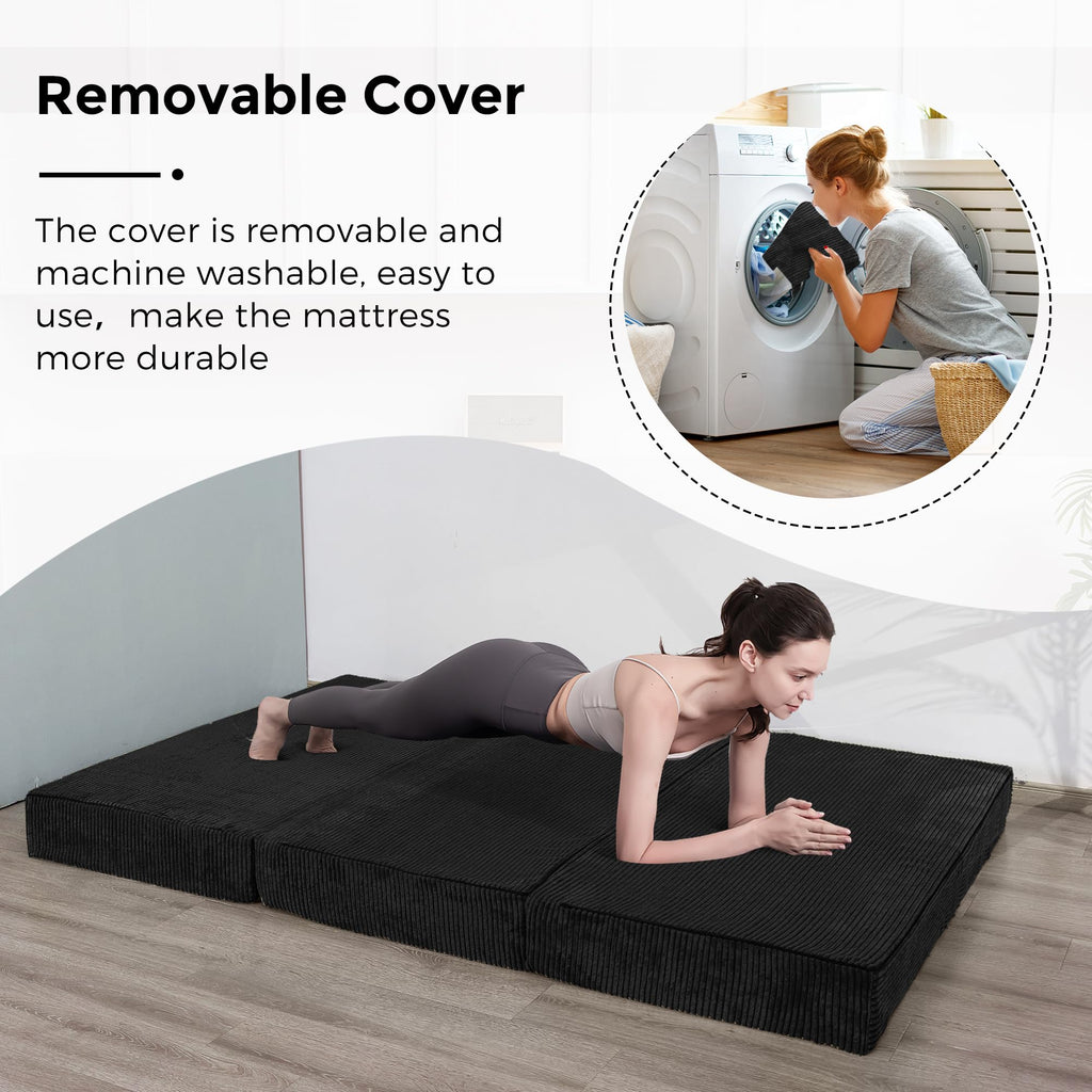 MAXYOYO Folding Corduroy Mattress, Tri Fold Floor Mattress 15cm thick with Washable Cover,Foldable in Three,Space-Saving for Guest Black, Single