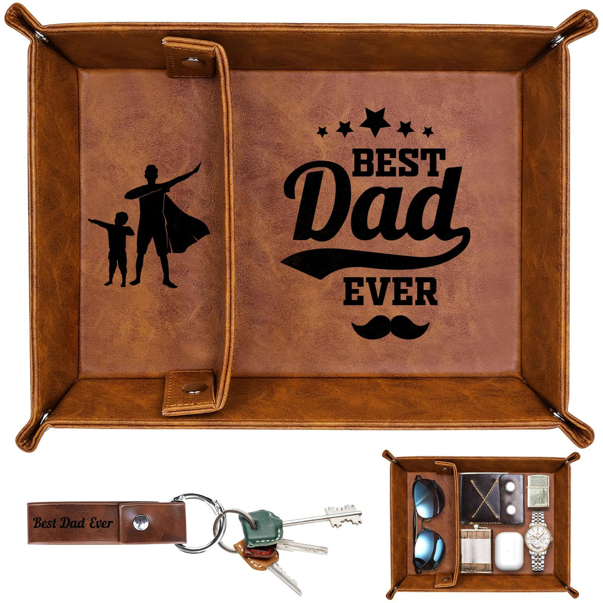 QXRXN Dad Fathers Day Birthday PU-Leather Valet Tray, Bedside Organiser Daddy Birthday Gifts from Son Daughter - image 1