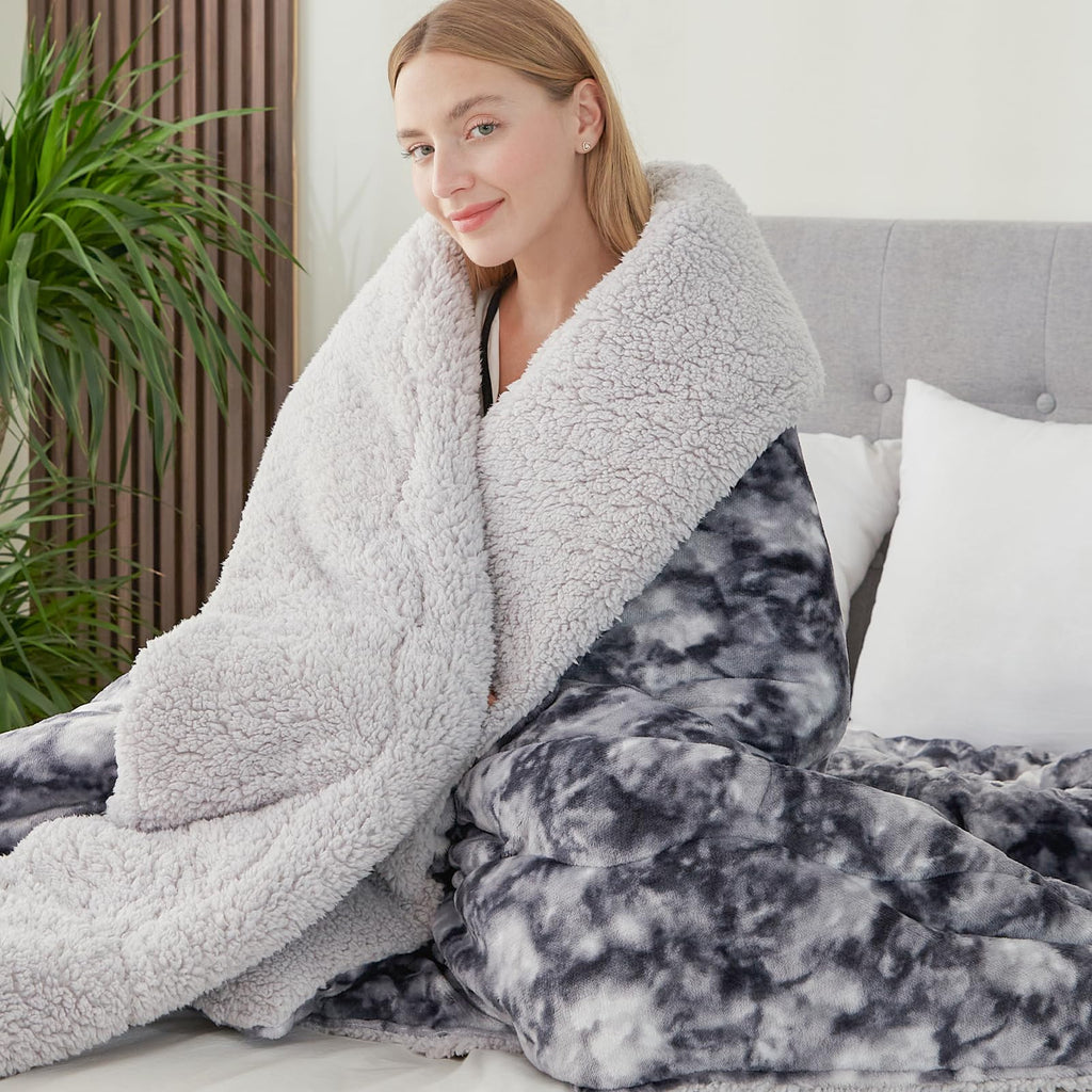 CHOSHOME Sherpa Fleece Throw Blanket – Dark Grey Tie-Dye Fuzzy Bedspread