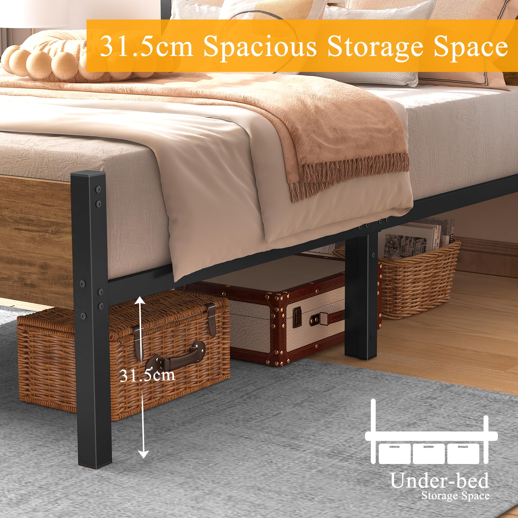 Yornoli Single Metal Platform Bed Frame with Wood Headboard & Storage