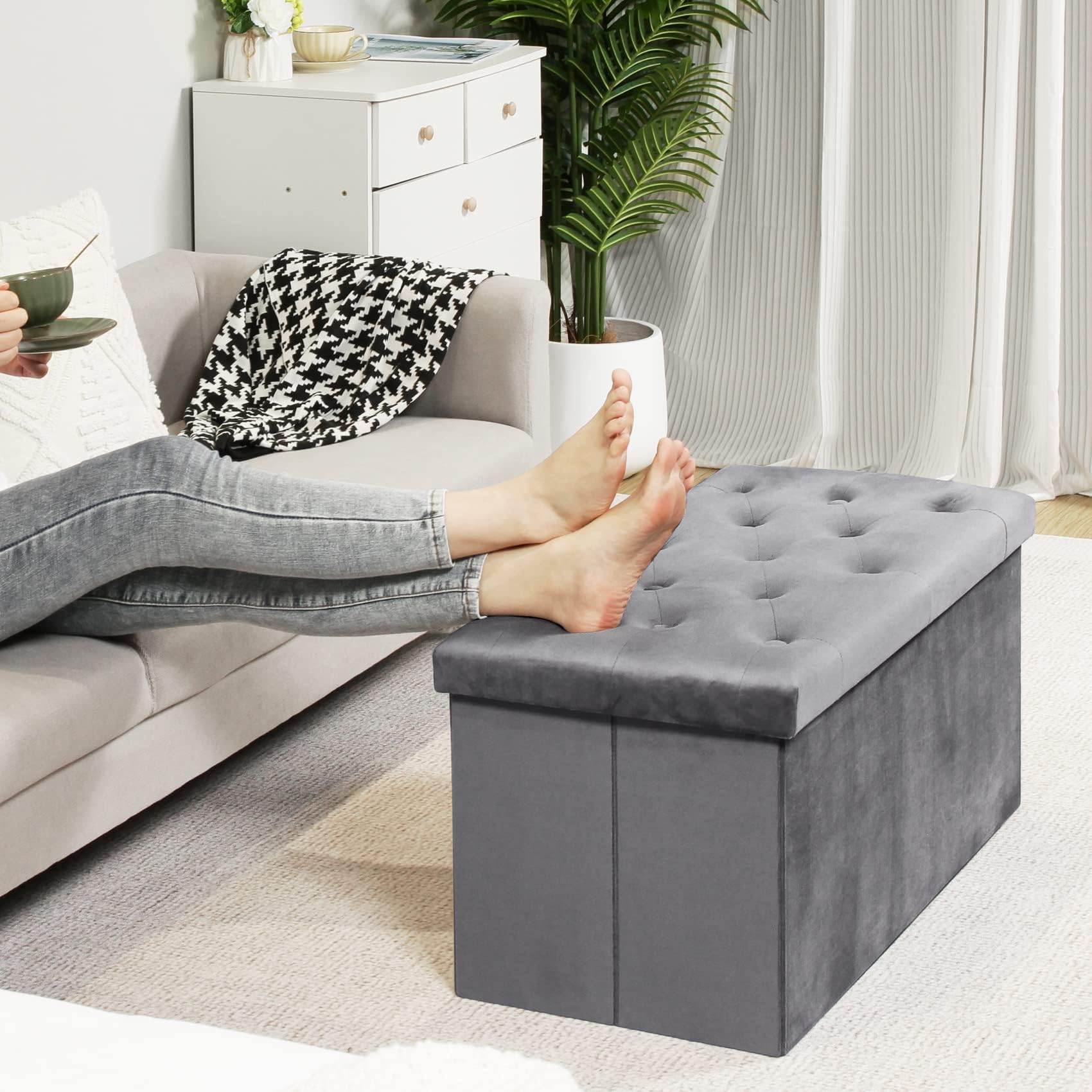 Bonlife Folding Velvet Ottoman Storage Bench | 80cm Footrest Toy Chest