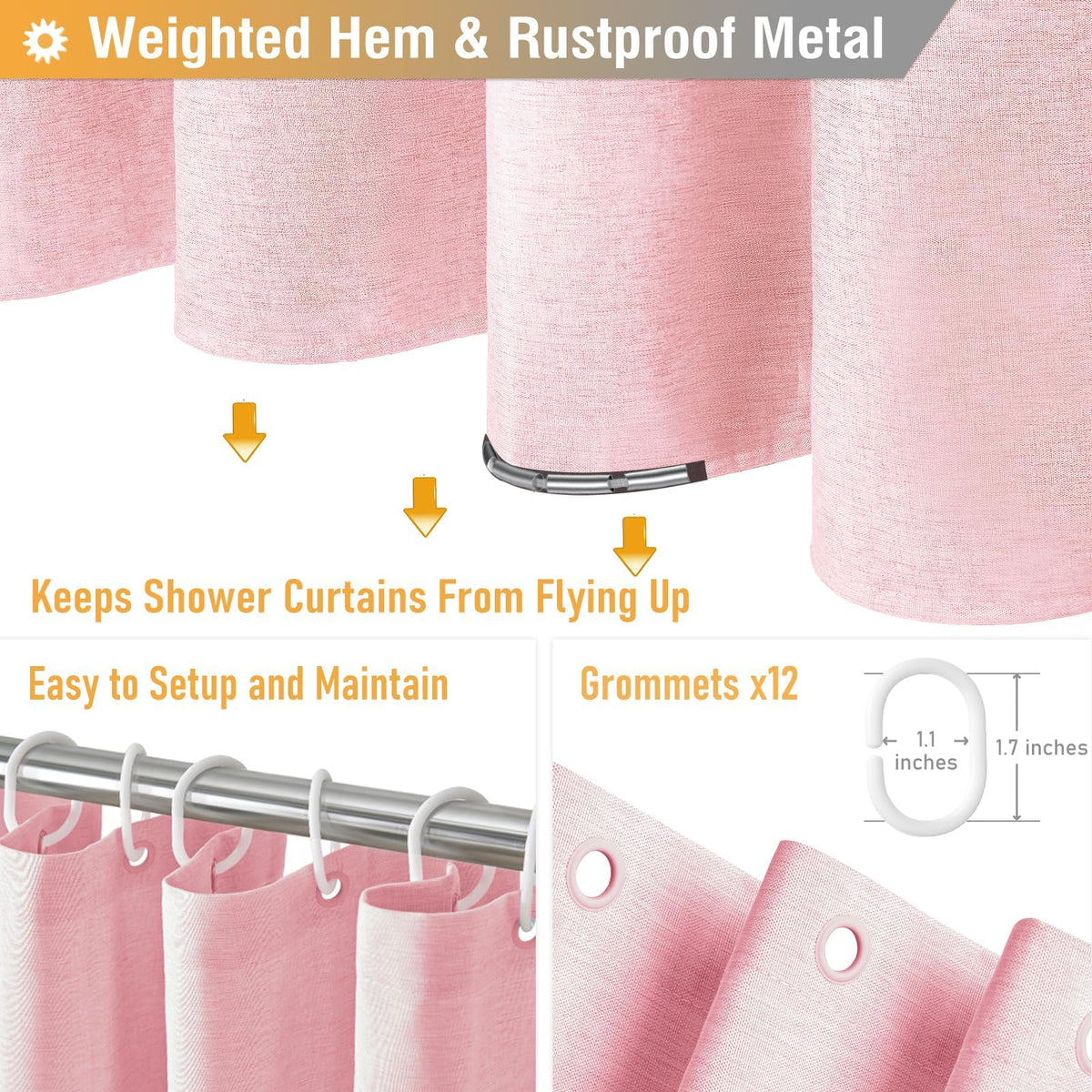 BTTN Extra Long Linen Look Shower Curtain, Waterproof, 182x244cm, Pink - image 4