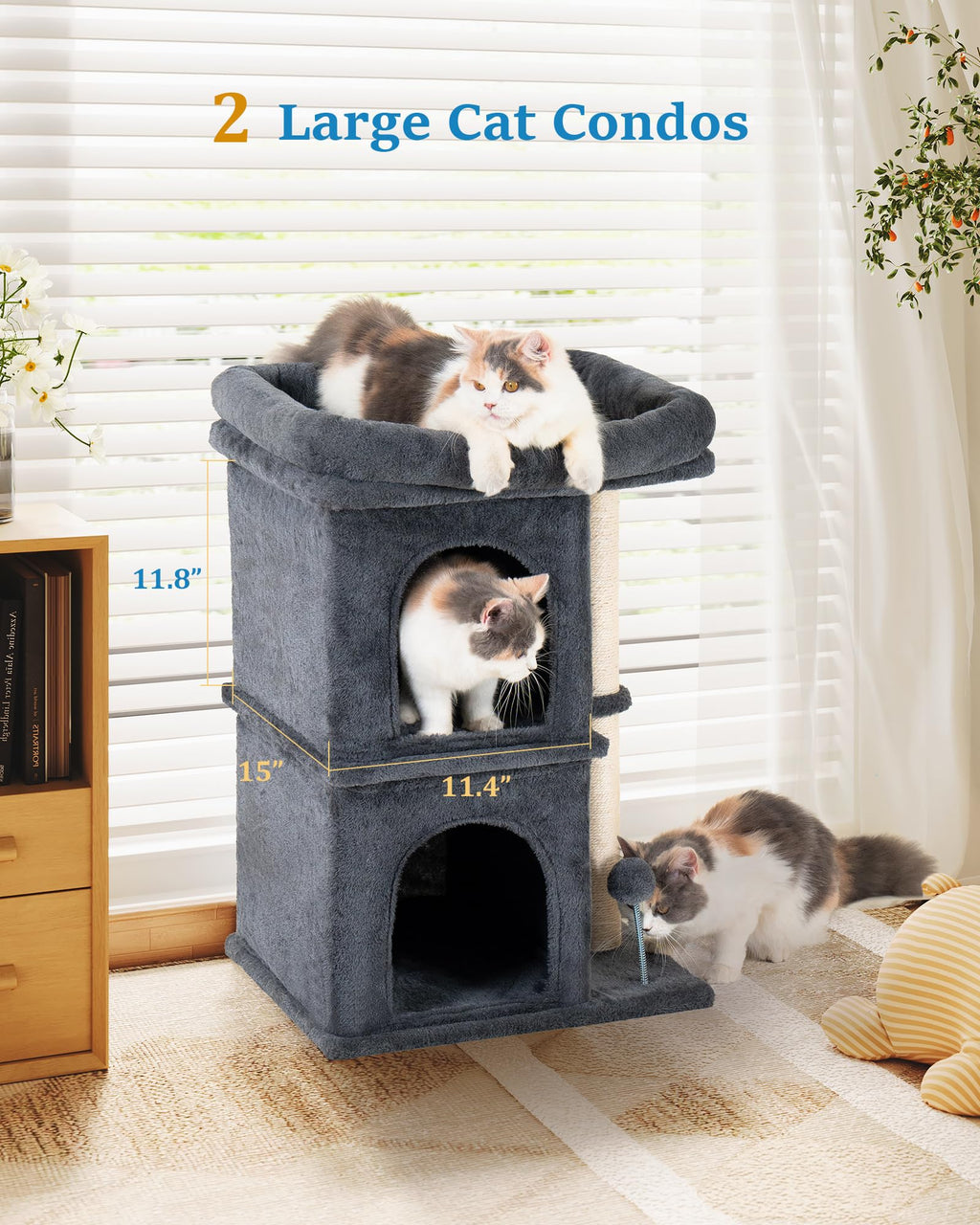 Aechonow 61cm Cat Tree Tower | 2 Condos & Large Perch | Dark Gray