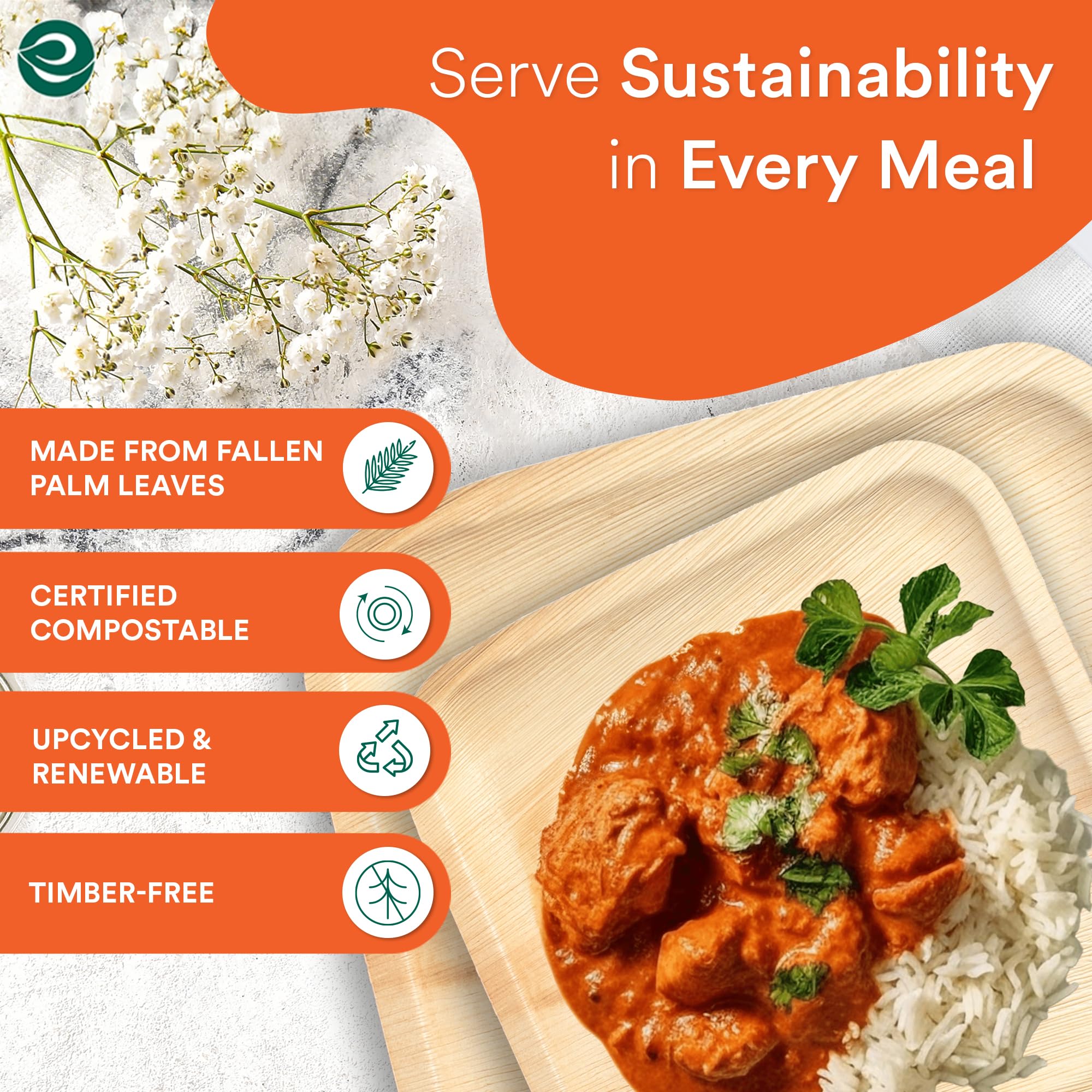 Eco Soul Palm Leaf Square Plates | 100 Pack Compostable Dinnerware Set