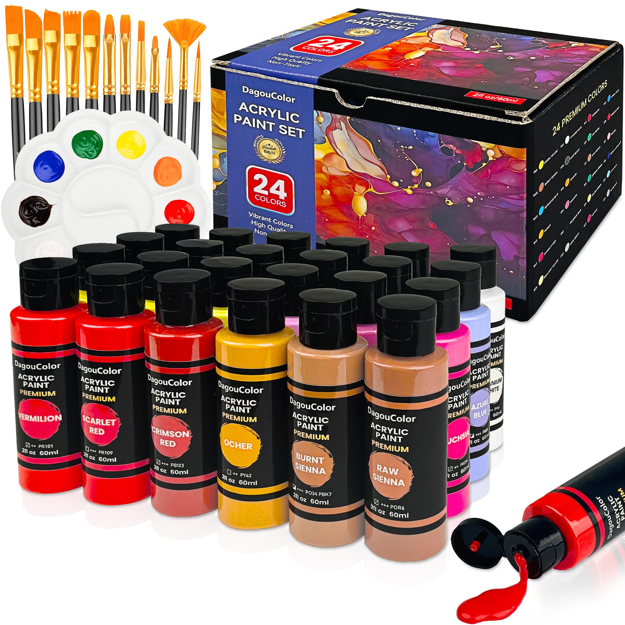 DagouColor 37-Piece Acrylic Paint Set - 24 Colors with Brushes