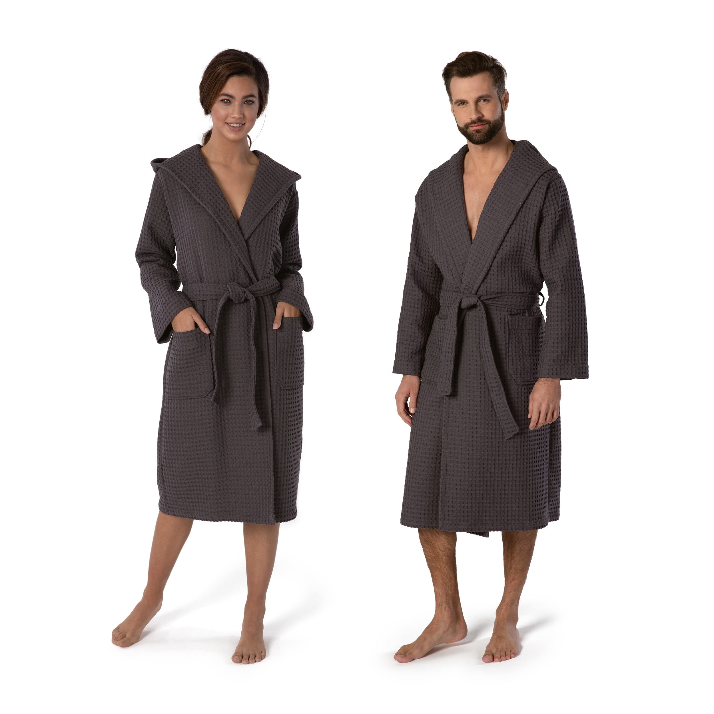 möve Piquée Hooded Bathrobe – 100% Cotton Lightweight Robe, Graphite, XL