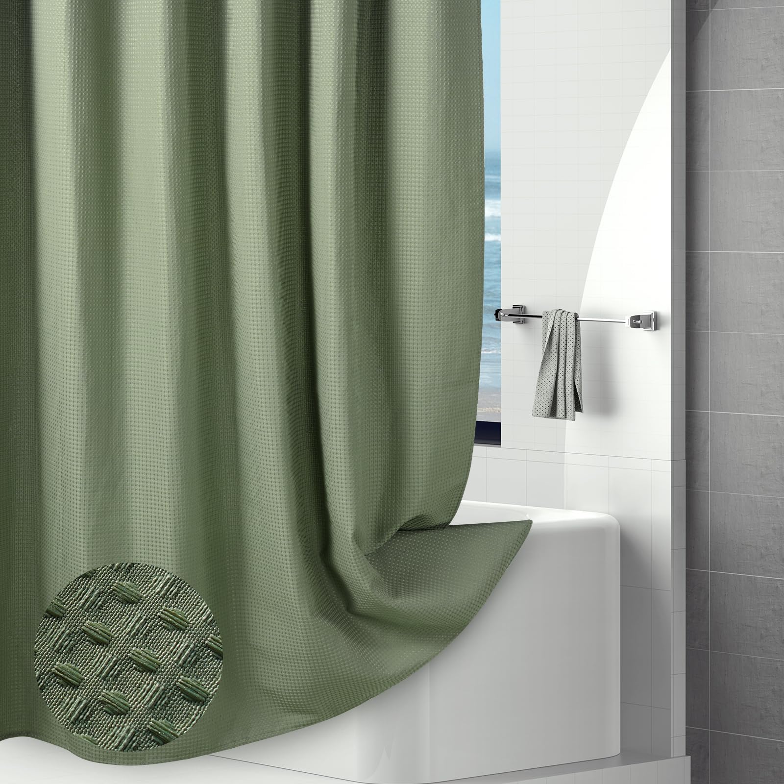 Sage Green Waffle Shower Curtain – Heavy Duty Waterproof Fabric