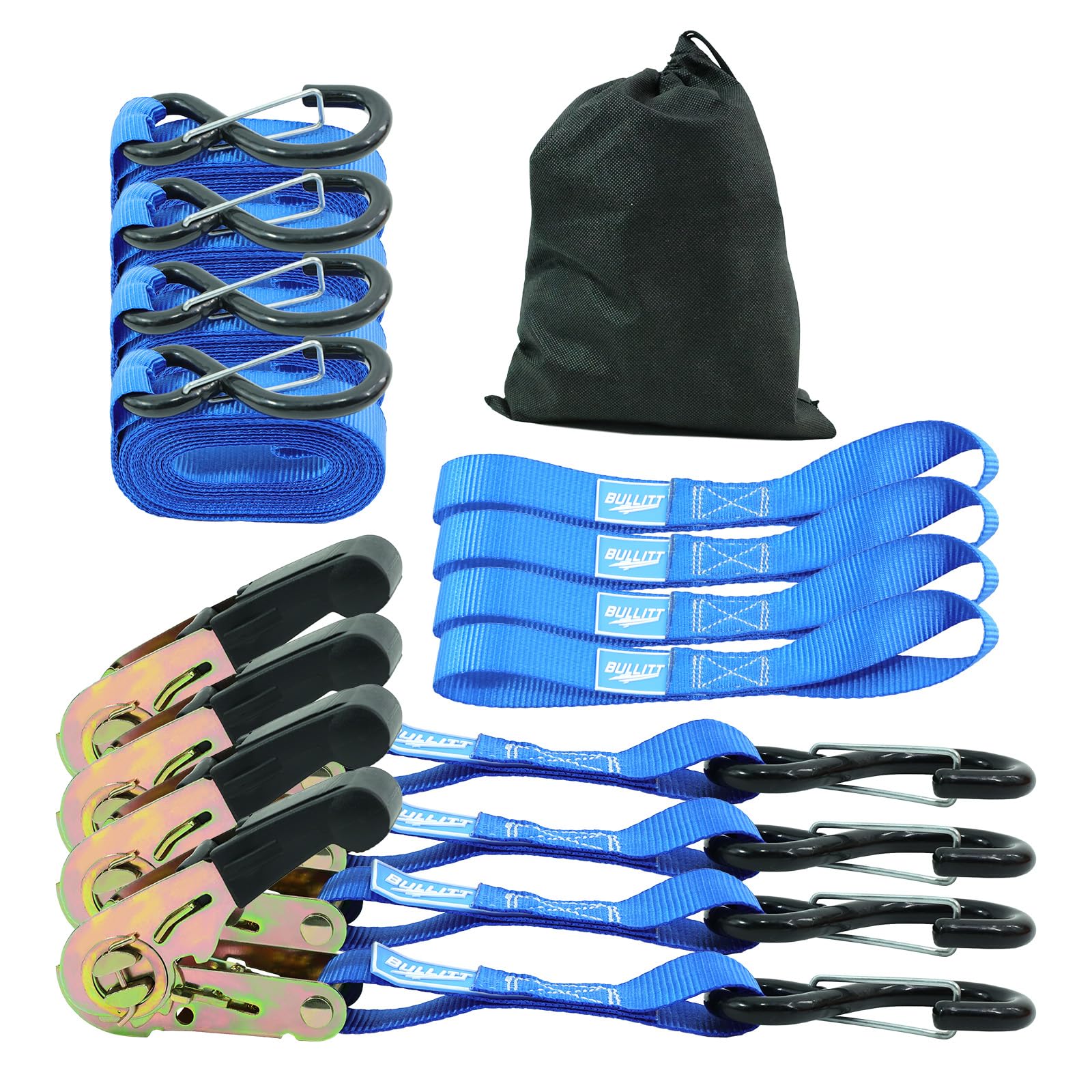 BULLITT Ratchet Tie Down Straps - 4 Pack, 750KG Strength with S Hooks
