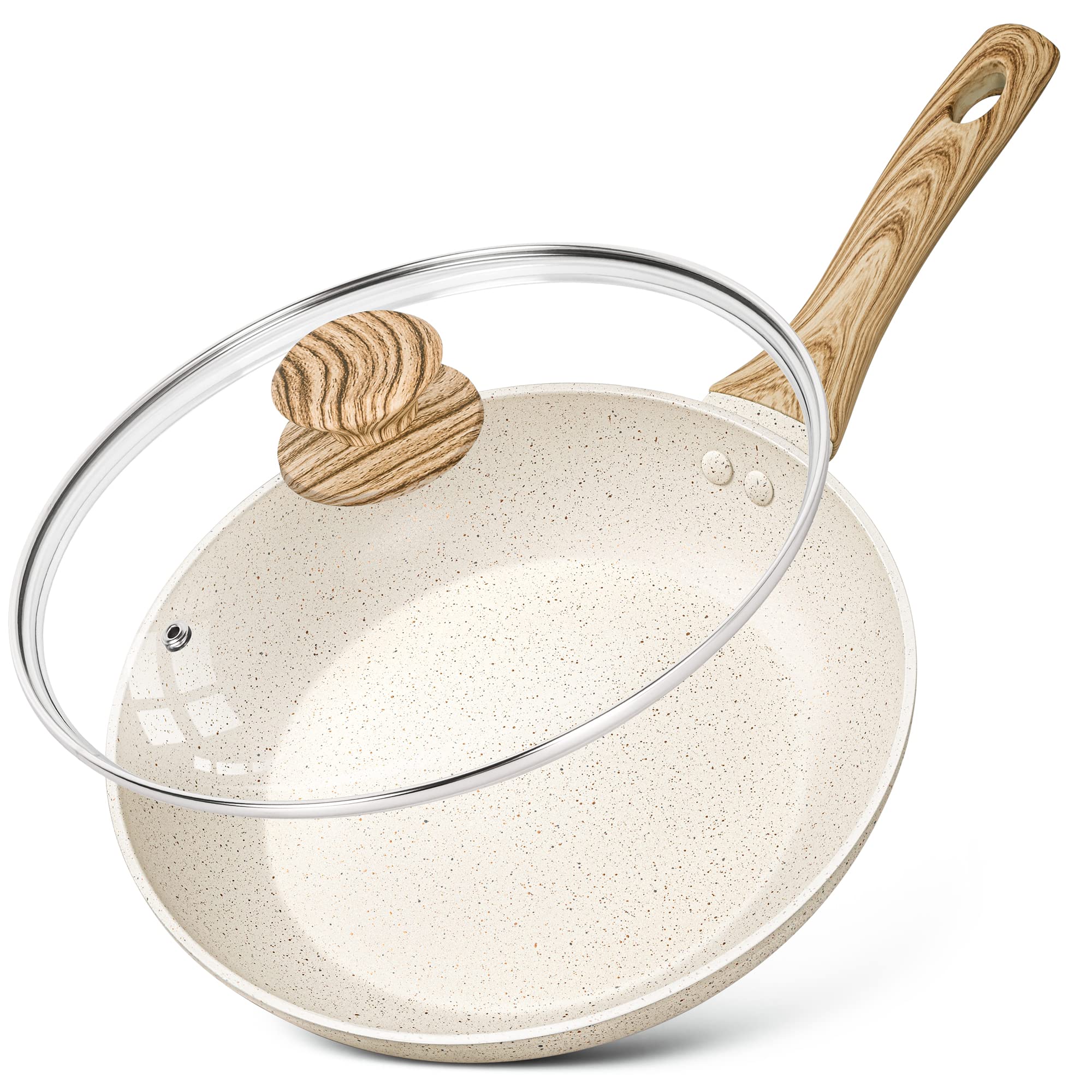 Michelangelo 26cm Nonstick Frying Pan with Lid | White Granite Stone