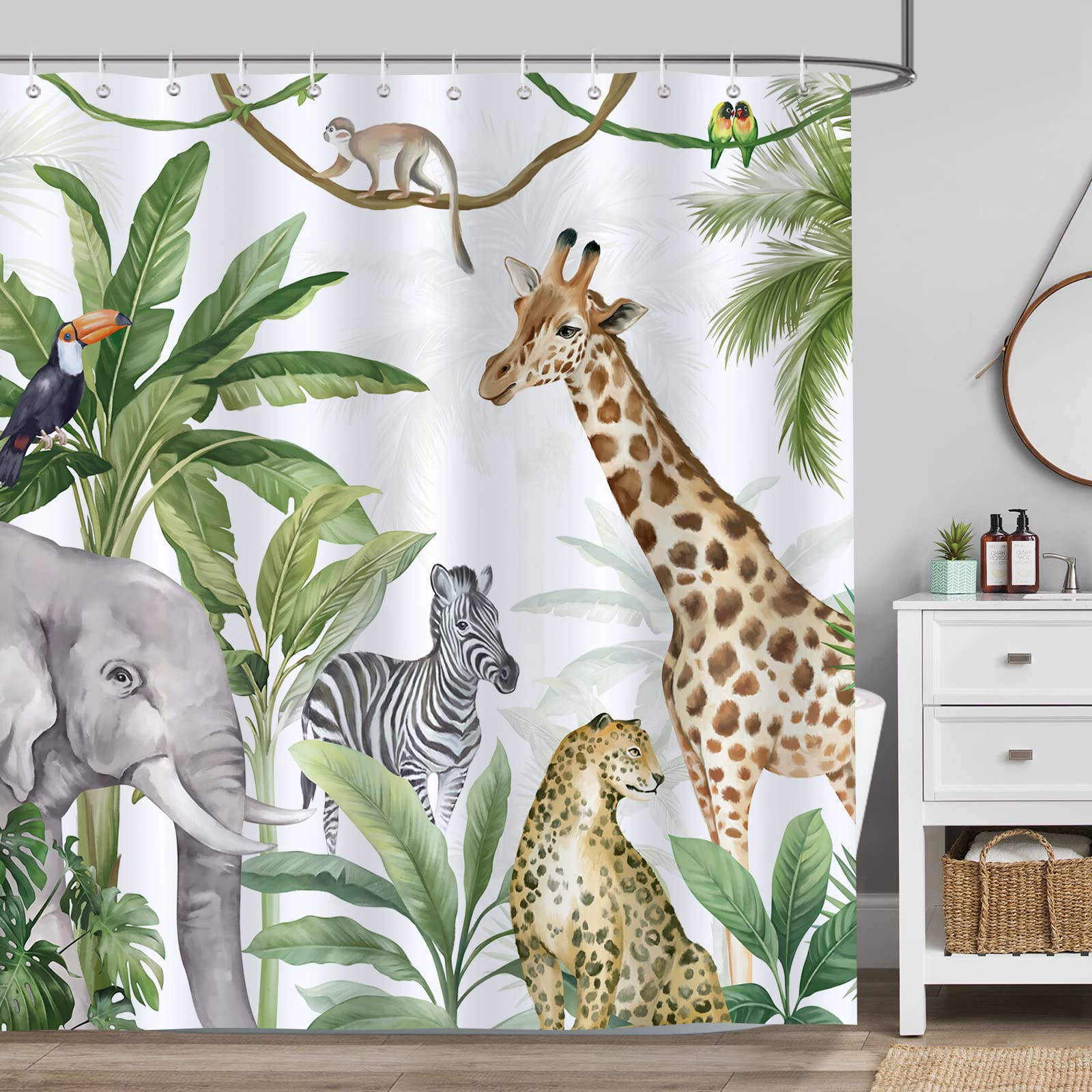 Bonhause Tropical Rainforest Animals Shower Curtain | Waterproof Polyester