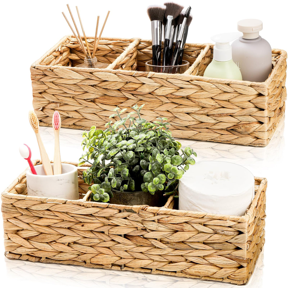 Pumtus 2 Pack 3-Section Wicker Baskets, Water Hyacinth Storage Bin, Handwoven Desk Organizer, Toilet Paper Container - image 1