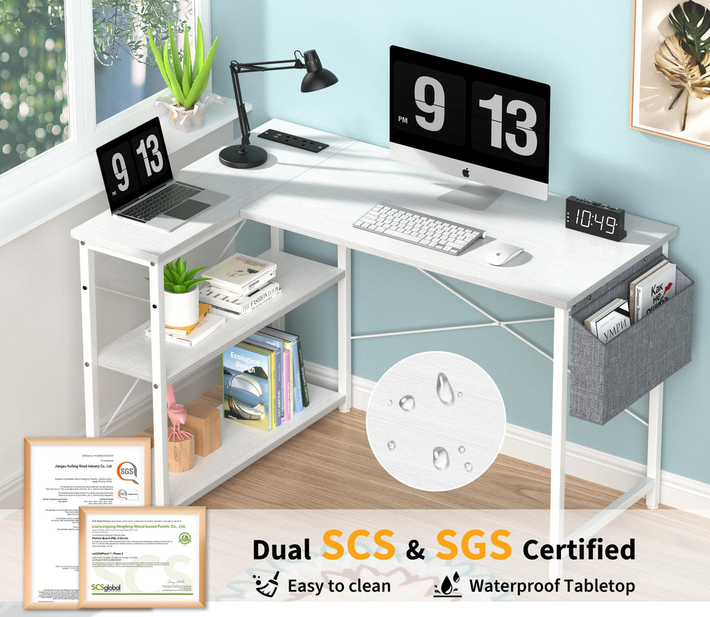 Yornoli L-Shaped Computer Desk with Power Outlet & Storage - Snow White