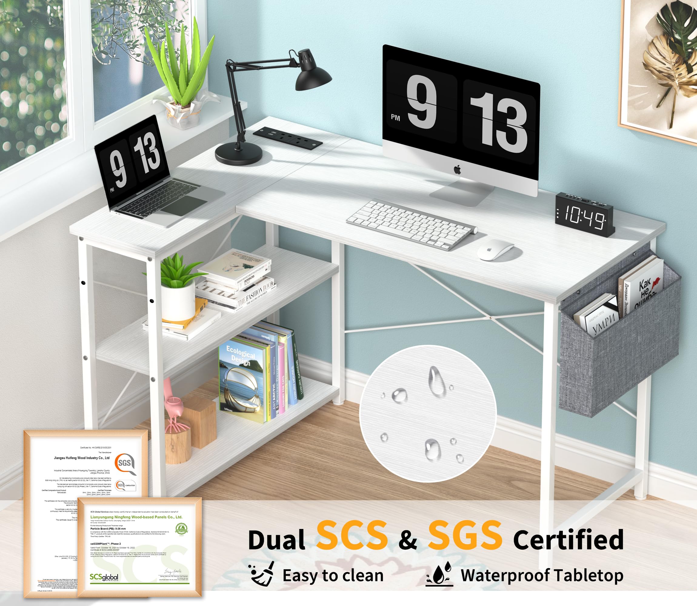 Yornoli L-Shaped Computer Desk with Power Outlet & Storage - Snow White