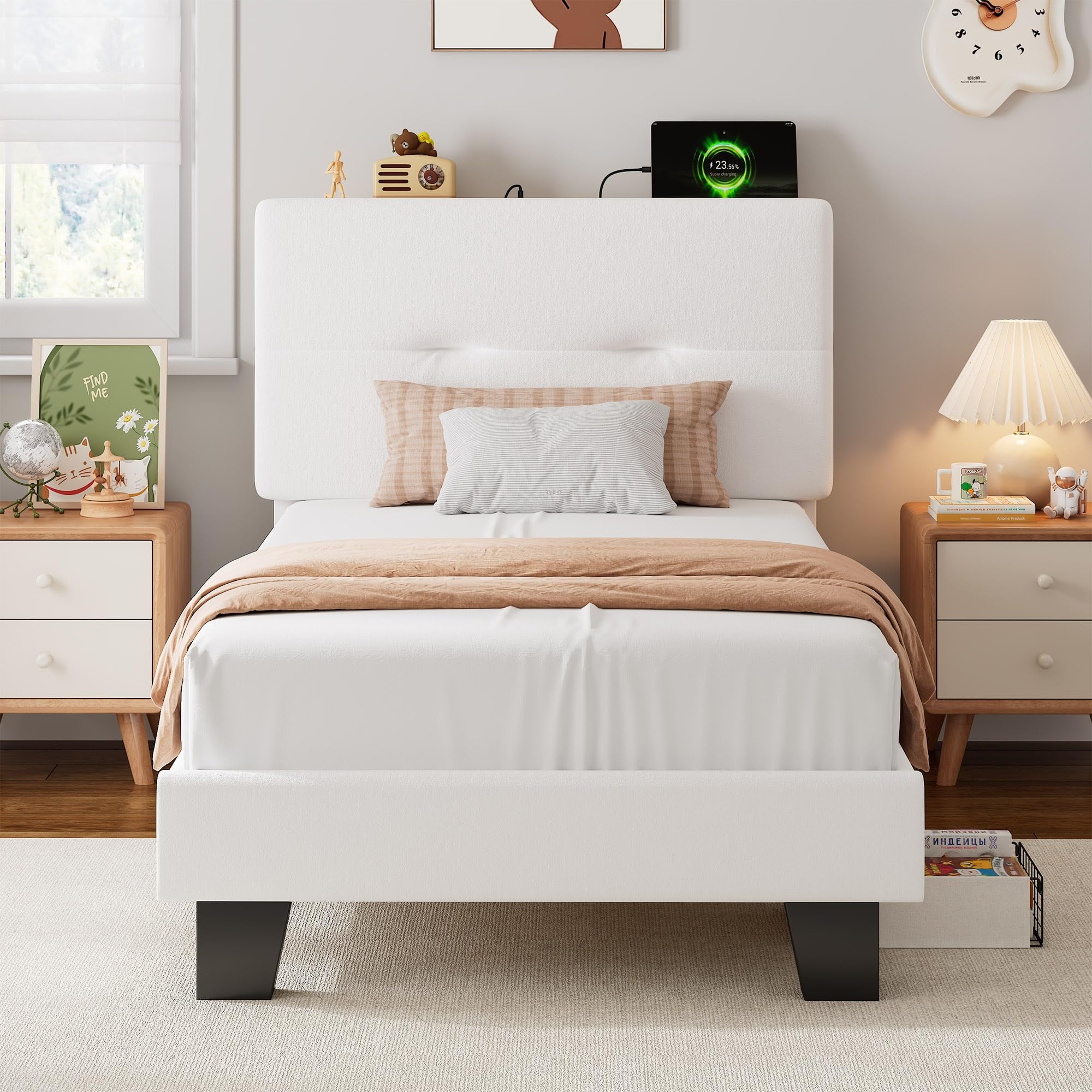 Feonase Single Velvet Platform Bed with Charging Storage Headboard
