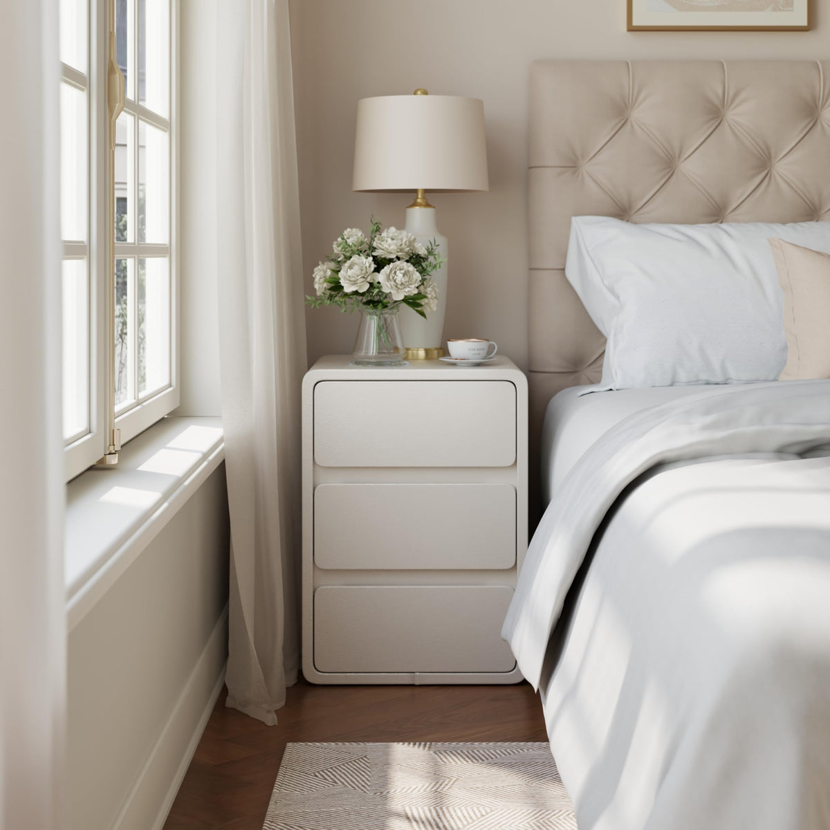 AQIMUELE Small Bedside Table, Slim Bedside Table with 3 Drawers, Assembled Narrow Side End Table with Leather Surface for Bedroom, 40cm White