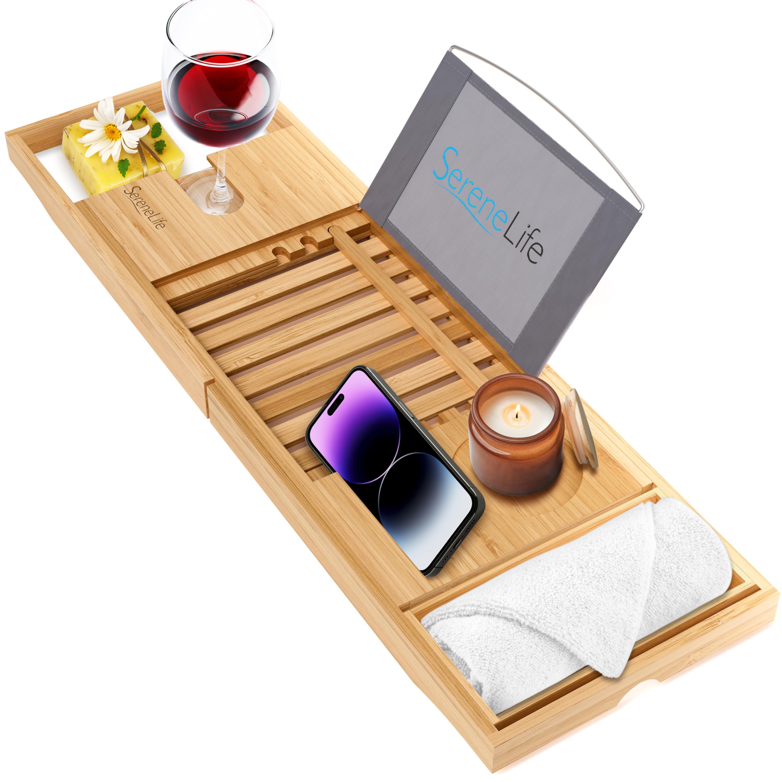 SereneLife Bamboo Bath Caddy Tray – Extendable Wooden Bathtub Shelf