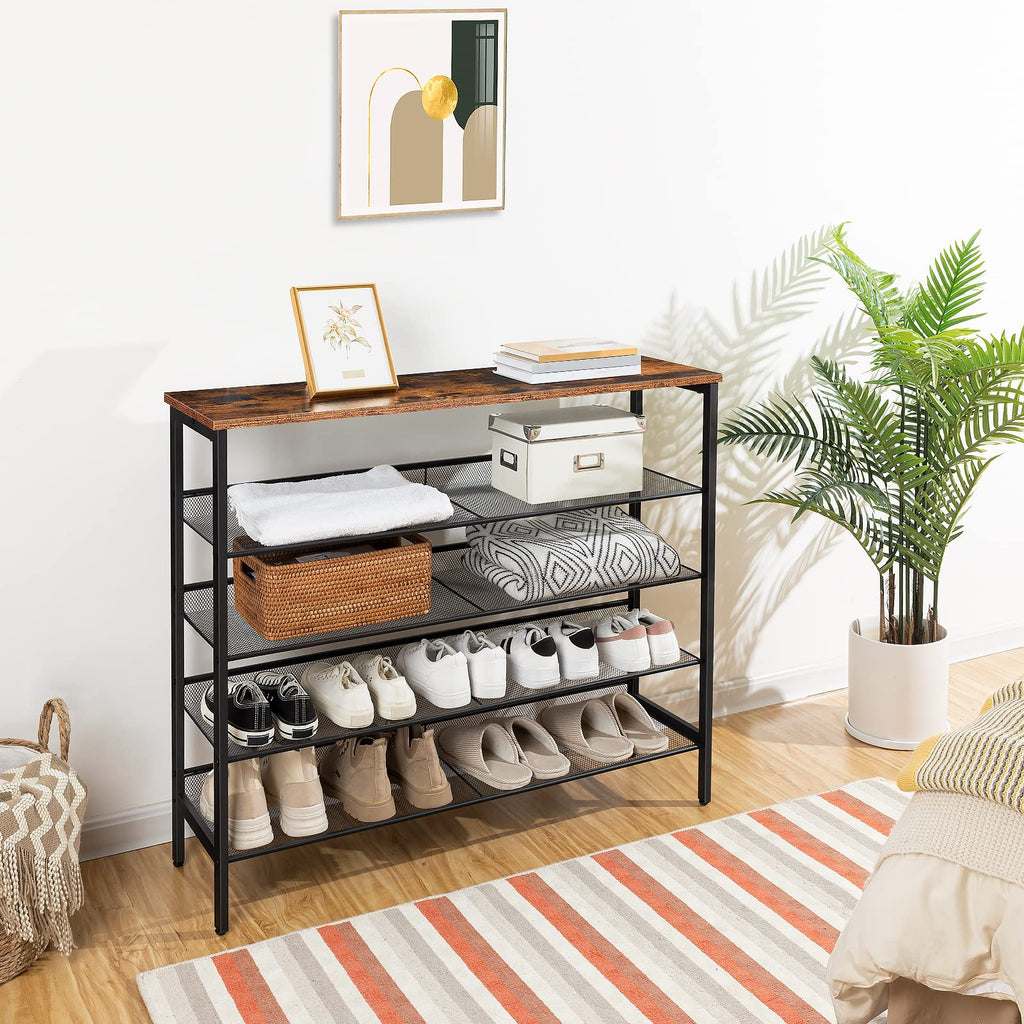 HOOBRO 5-Tier Shoe Rack – Industrial Rustic Brown Metal Organizer
