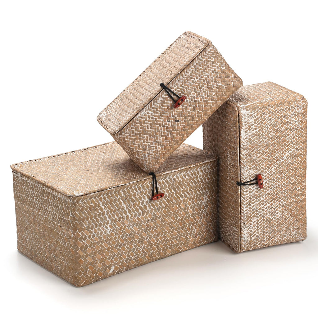 Seagrass Storage Baskets with Lid | 3-Piece Woven Rattan Set