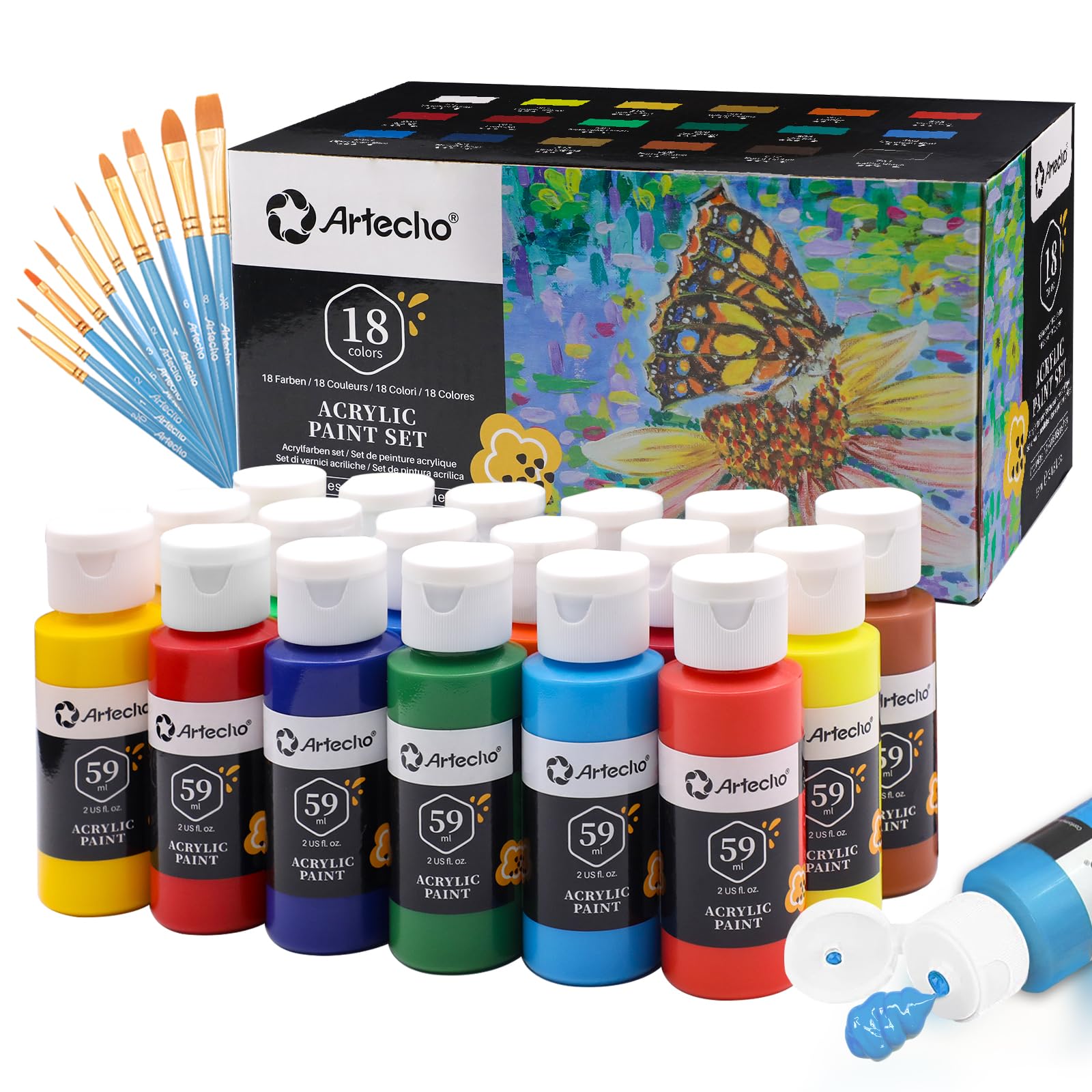 Artecho Acrylic Paint Set - 18 Colors, 2oz Bottles with 10 Brushes
