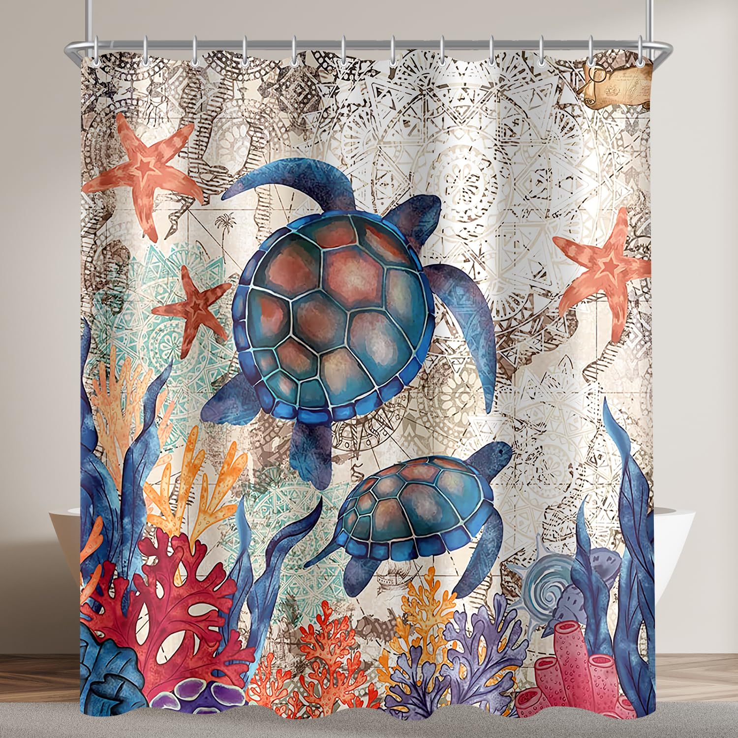 Lerores Turtle Starfish Shower Curtain – Anti-Mould Polyester, 180x200cm