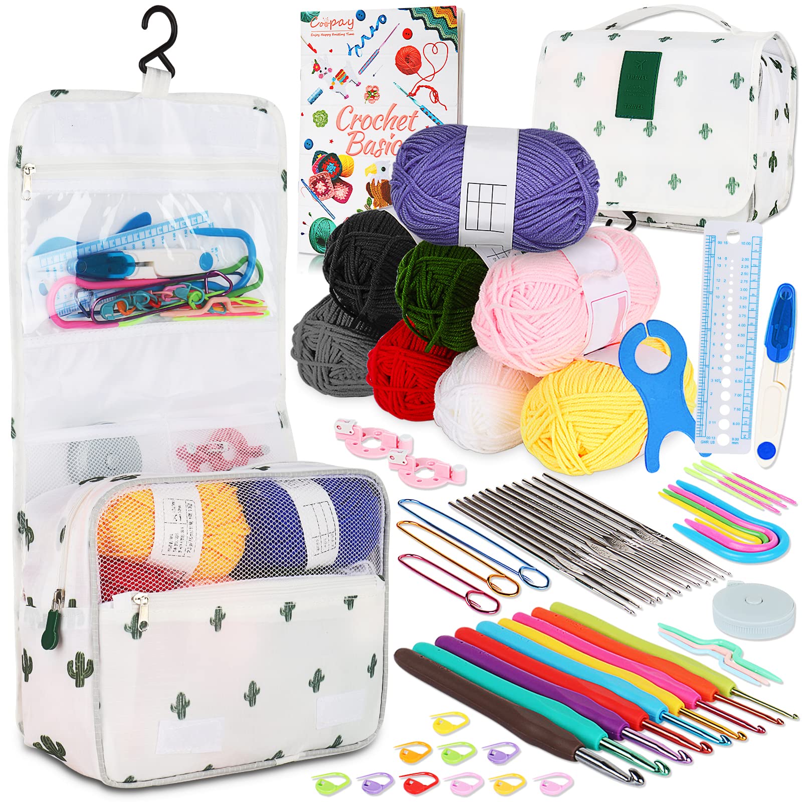 Coopay Crochet Kit for Beginners – 21 Ergonomic Hooks, Yarn & Cactus Case