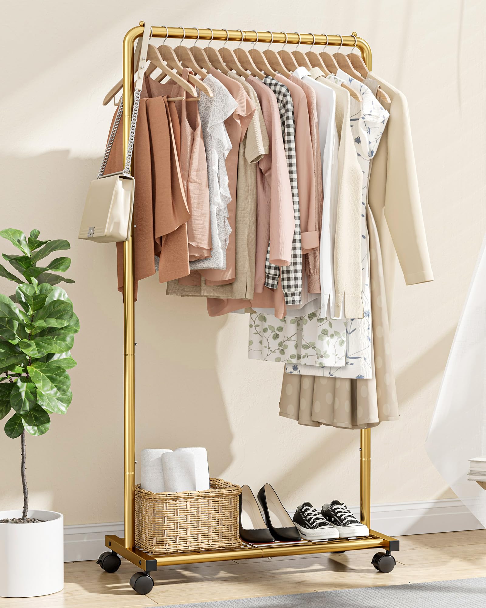 Sakugi Heavy-Duty Metal Clothes Rail – Rolling Garment Rack with Shelf