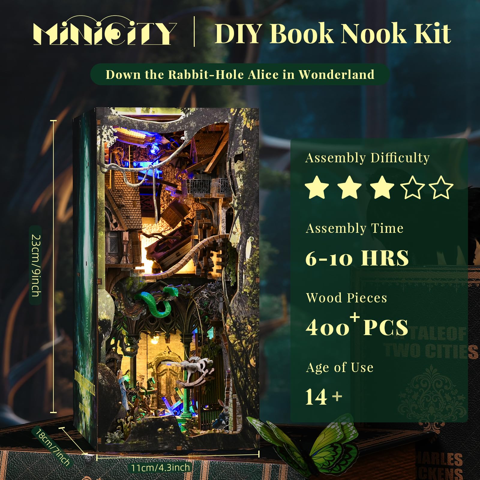 MiniCity Alice in Wonderland Book Nook Kit | 3D Wooden Puzzle with LED