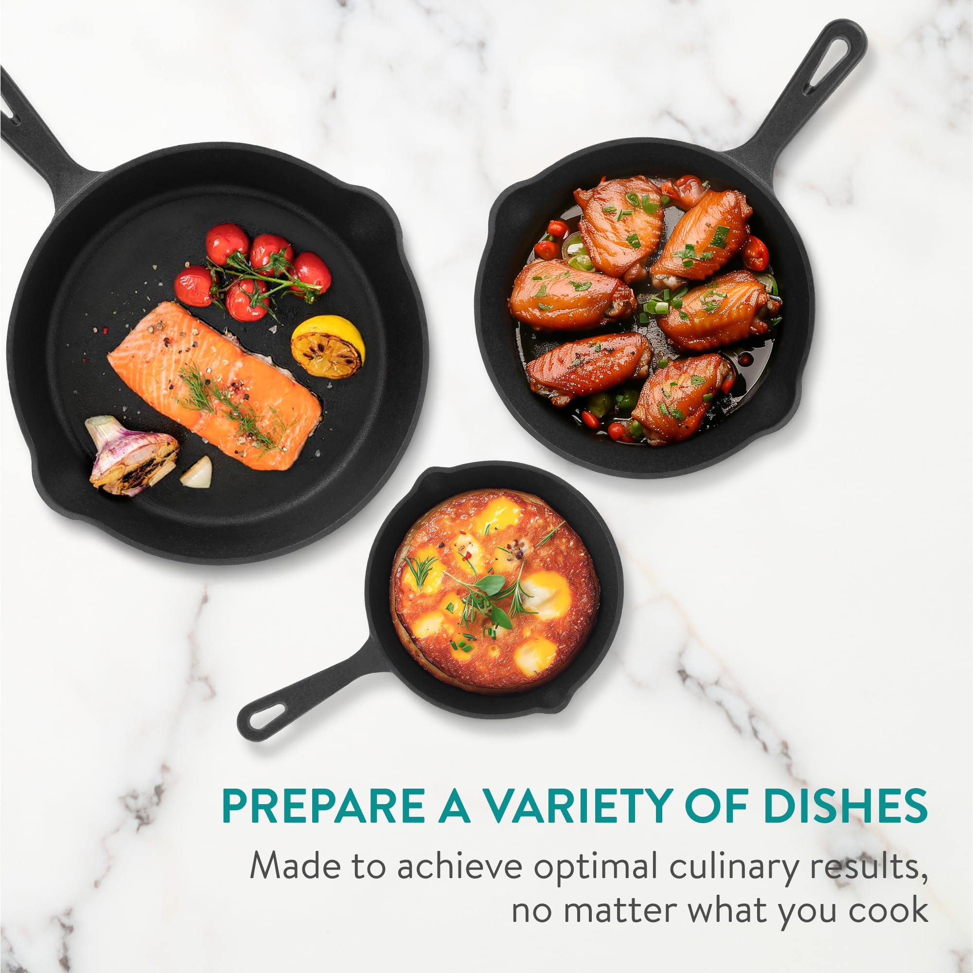 Navaris Cast Iron Skillet Set – 3 Piece Durable Frying Pan Set
