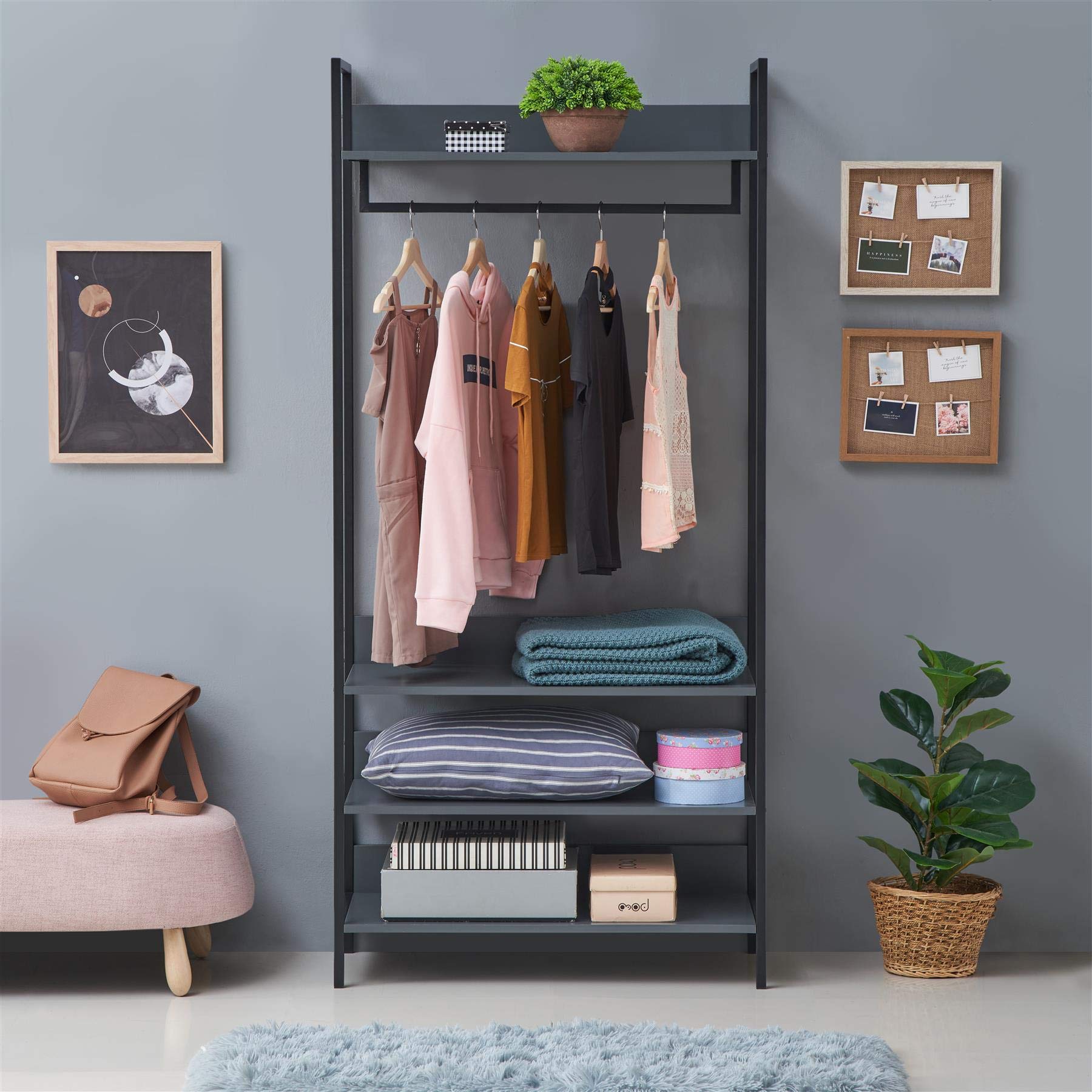 TAD Zahra Open Wardrobe – Double Clothes Rail with 4 Shelves, Dark Grey