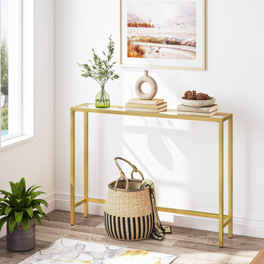 HOOBRO Gold Console Table | 100cm Slim Tempered Glass Hallway Table