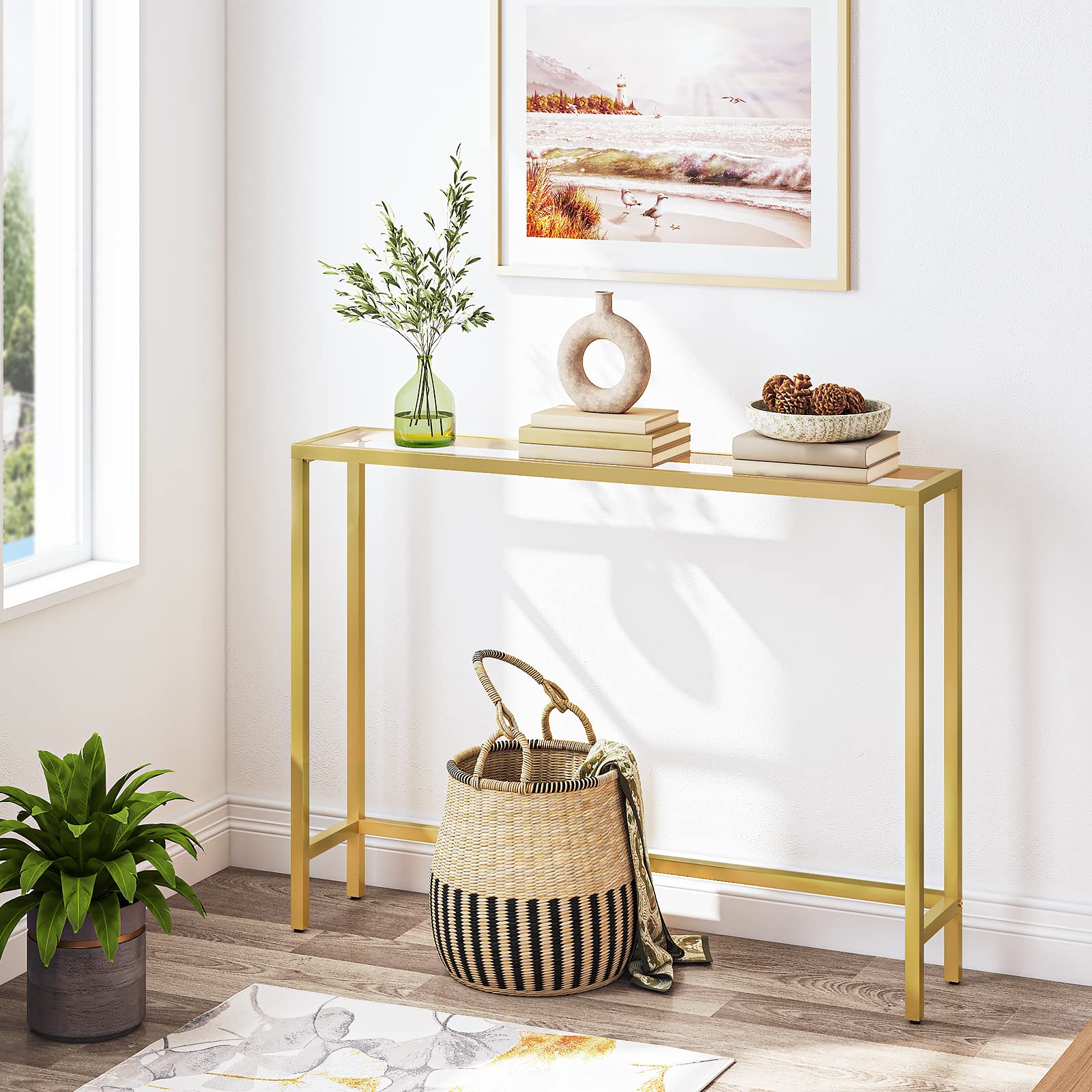 HOOBRO Gold Console Table | 100cm Slim Tempered Glass Hallway Table