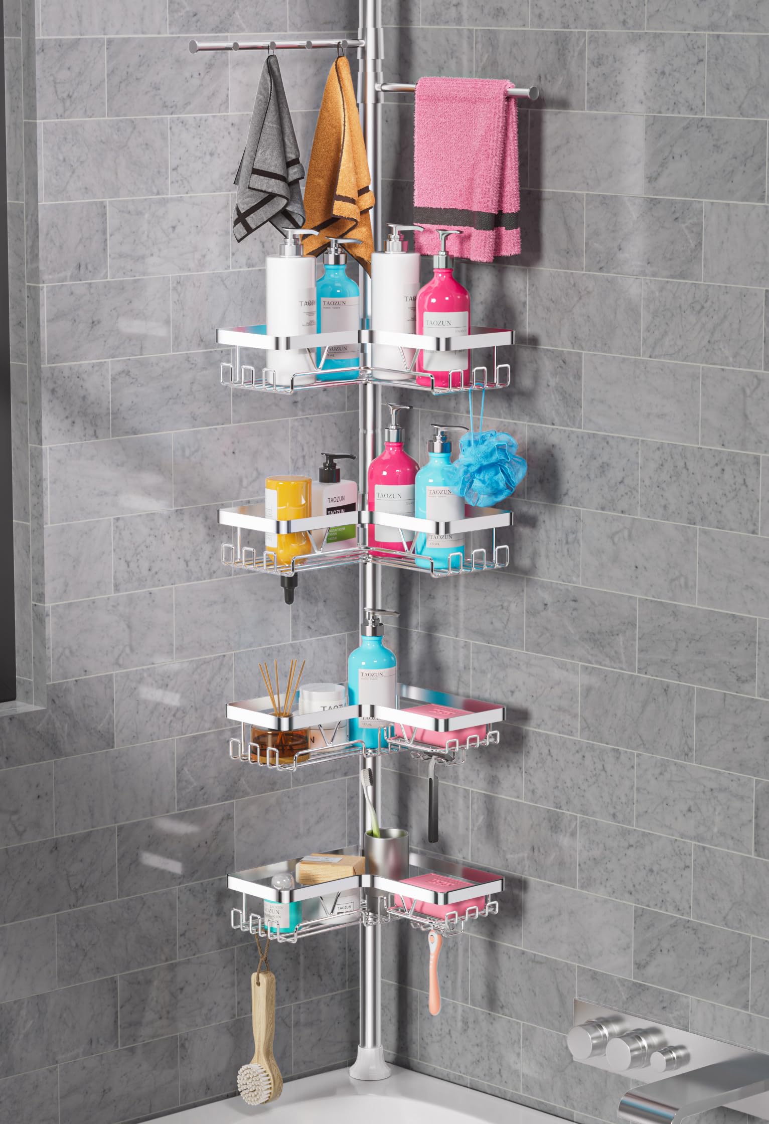 Taozun Telescopic Shower Caddy Corner – 4 Baskets & 2 Towel Bars, Silver