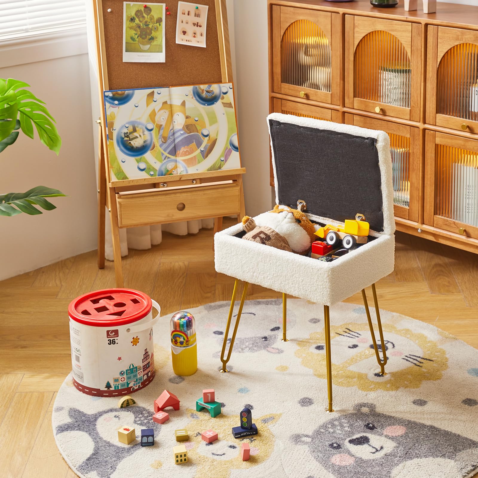 YMYNY Teddy Velvet Storage Ottoman | Modern Upholstered Footstool with Metal Legs