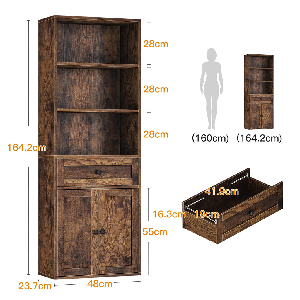 Coleshome 5-Tier Bookcase With Doors and Drawer, 48 x 24 x 164.2 cm, Brown - image 3