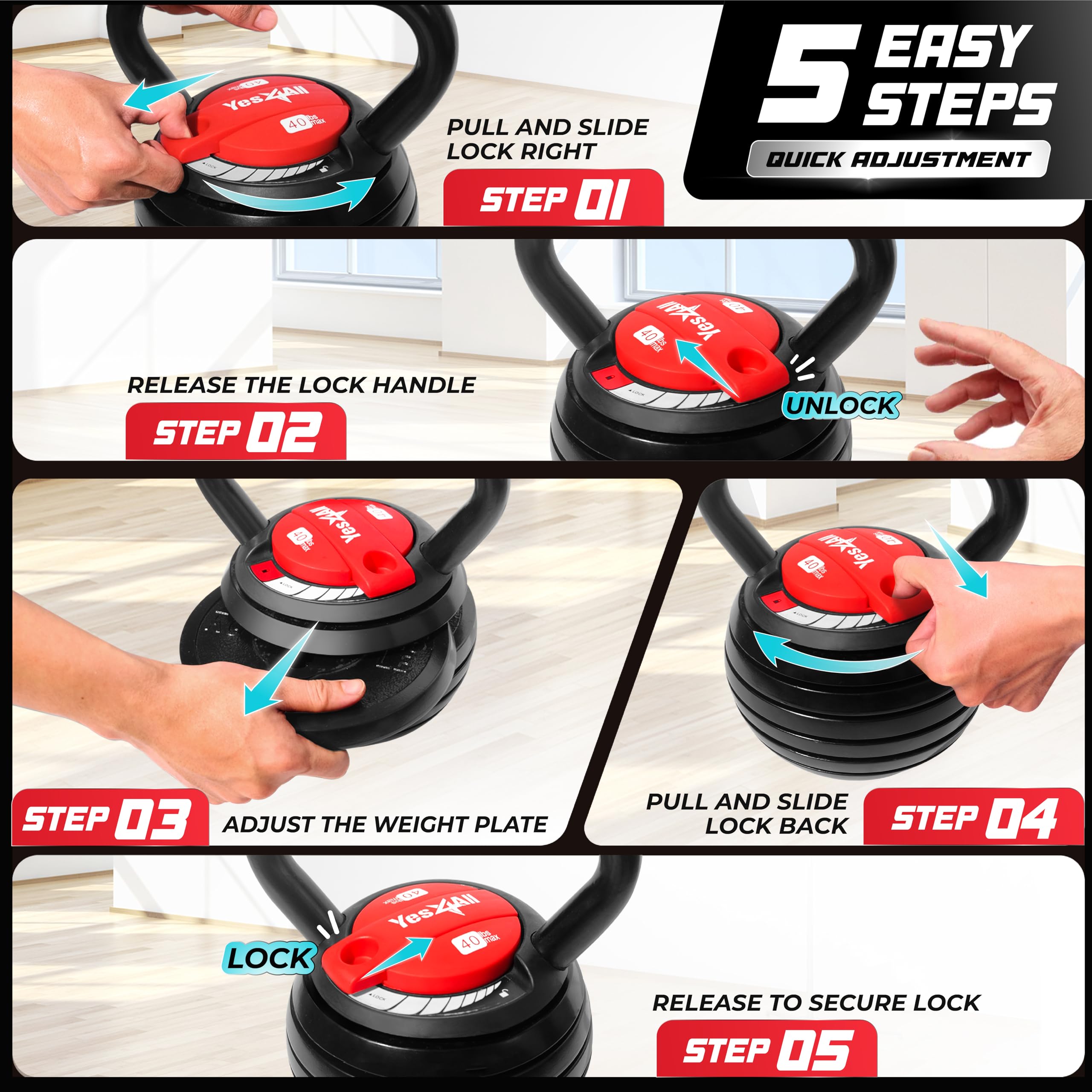 Yes4All Adjustable Kettlebell – 18kg Cast Iron Weight Set for Home Gym
