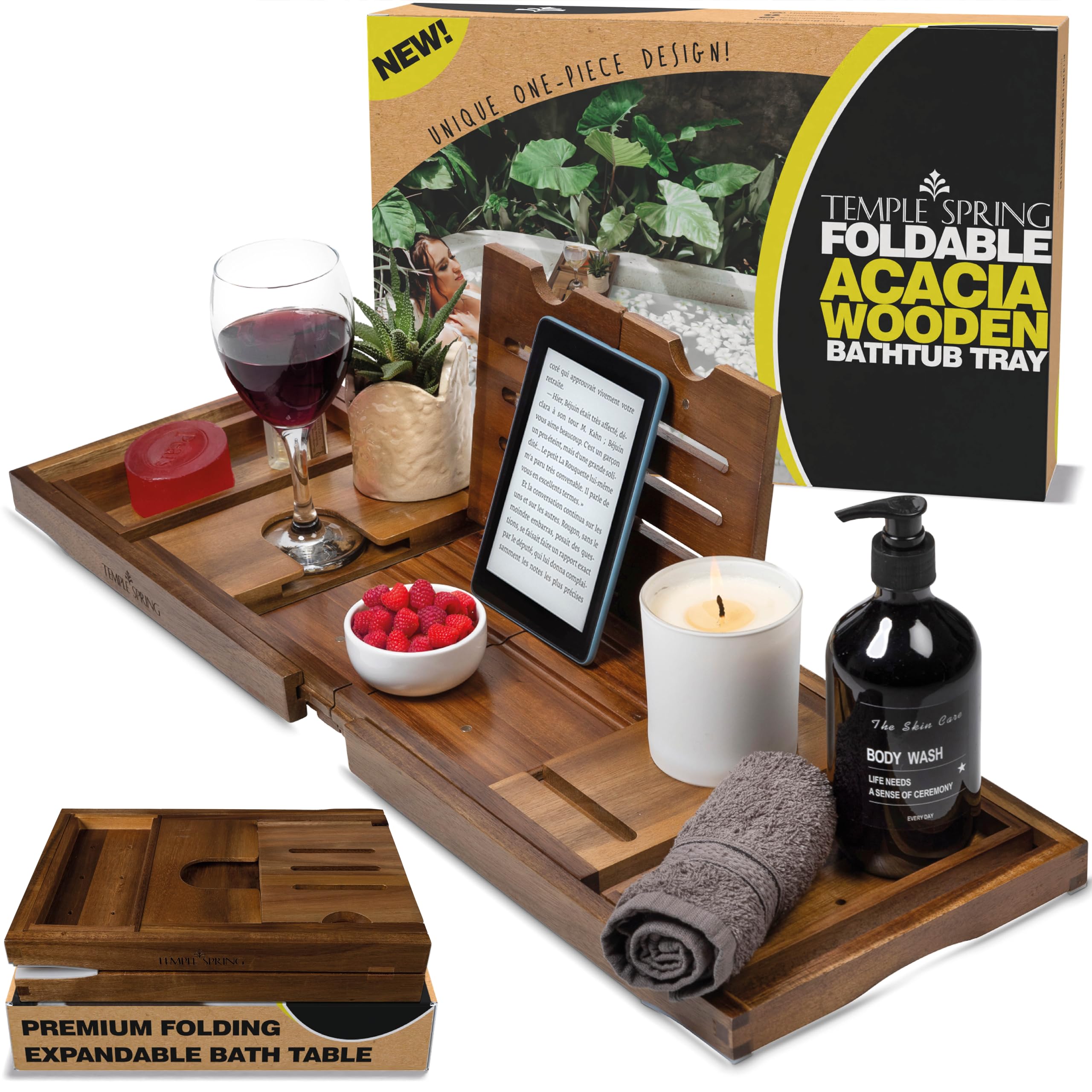 Temple Spring Acacia Wood Foldable Bath Tray – Luxury Bathtub Caddy