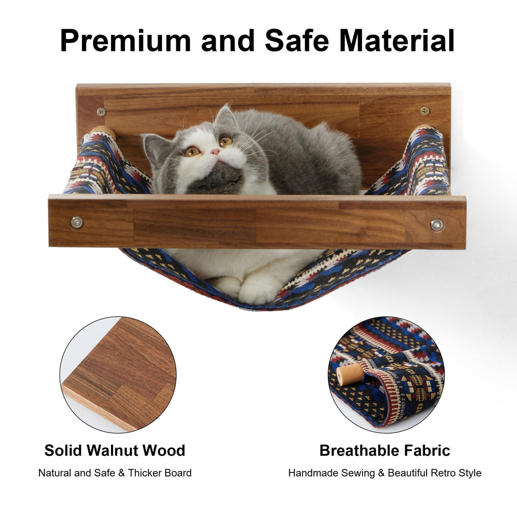 FUKUMARU Wall Mounted Cat Hammock – Large Walnut Wood Shelf and Bed