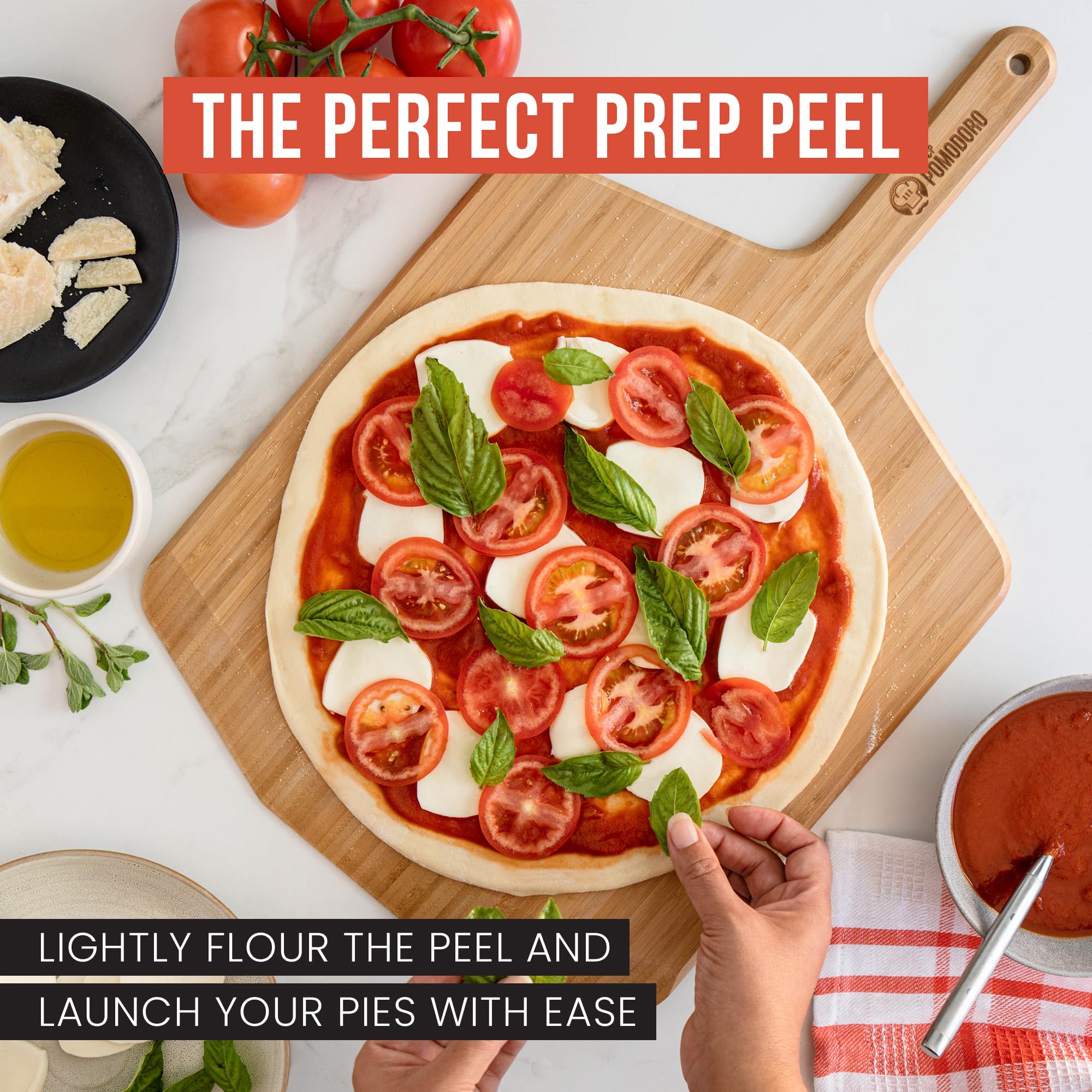Chef Pomodoro 16-inch Bamboo Pizza Peel | Wooden Pizza Paddle with Handle