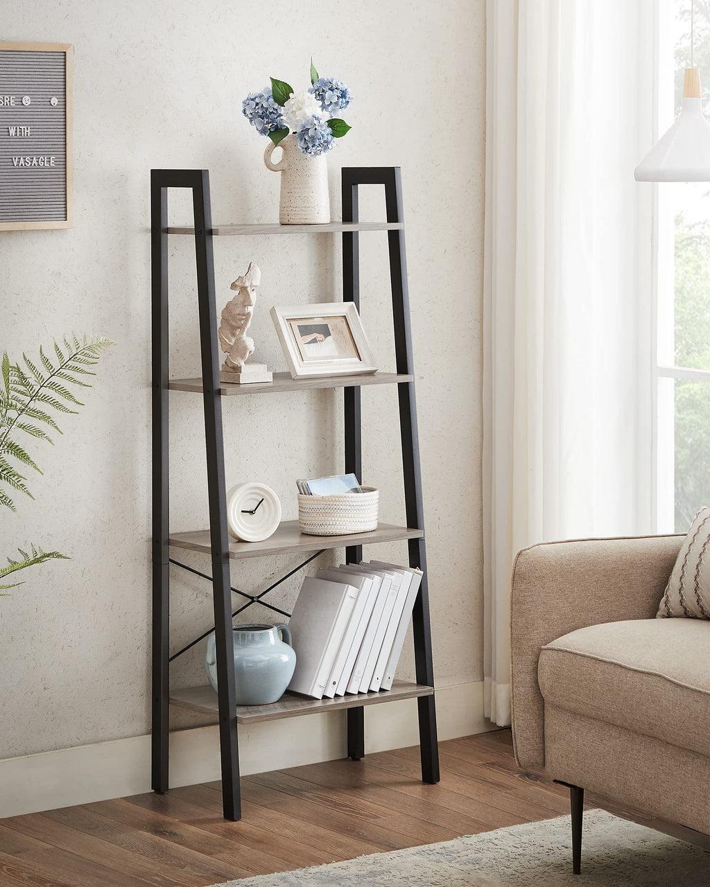 VASAGLE 4-Tier Ladder Shelf – Industrial Steel Frame Bookcase, Greige